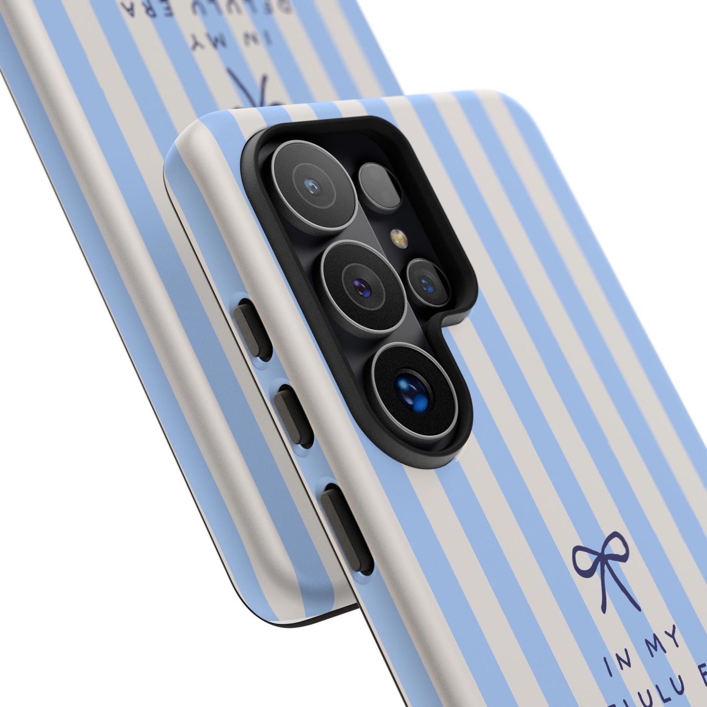 Striped Blue Phone Case — "In My Delulu Era" Cute Bow Design