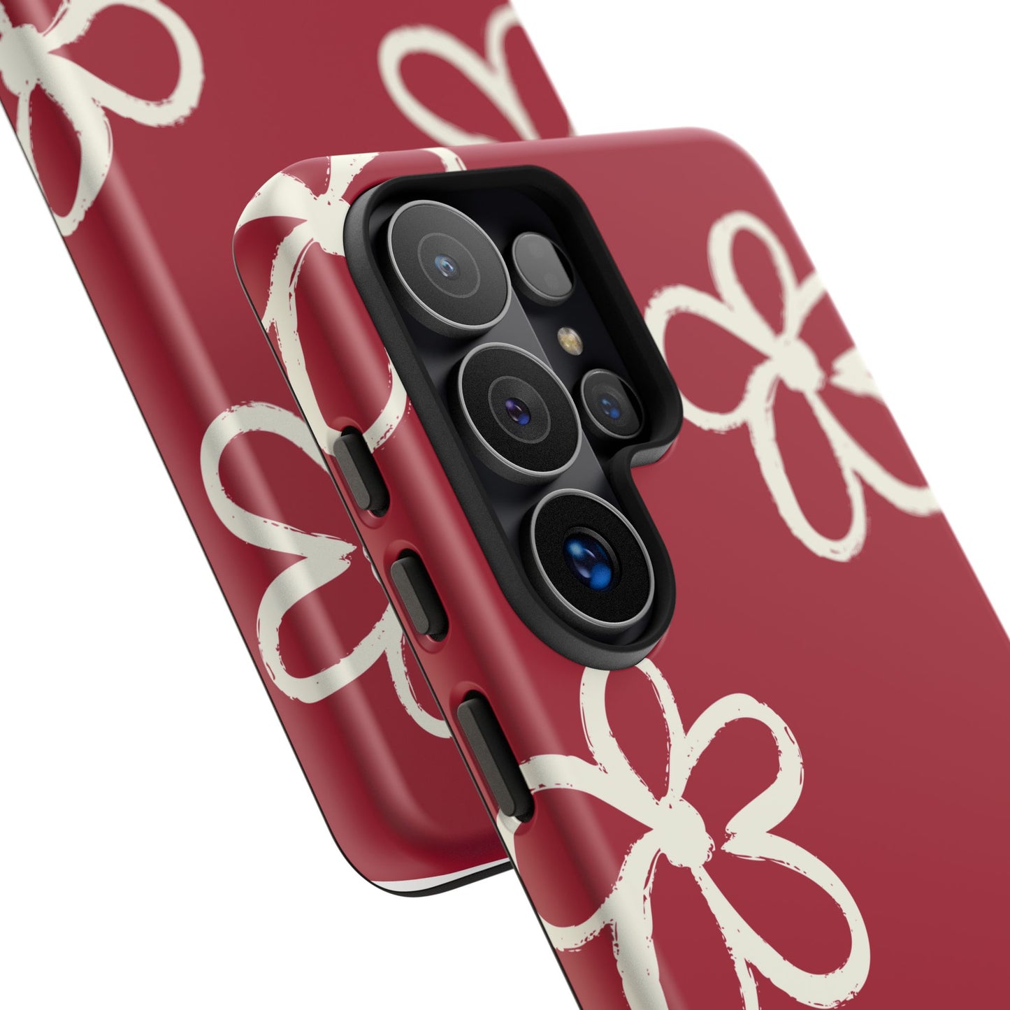 Red Floral Tough Phone Case — Hand-Drawn White Flowers on Burgundy