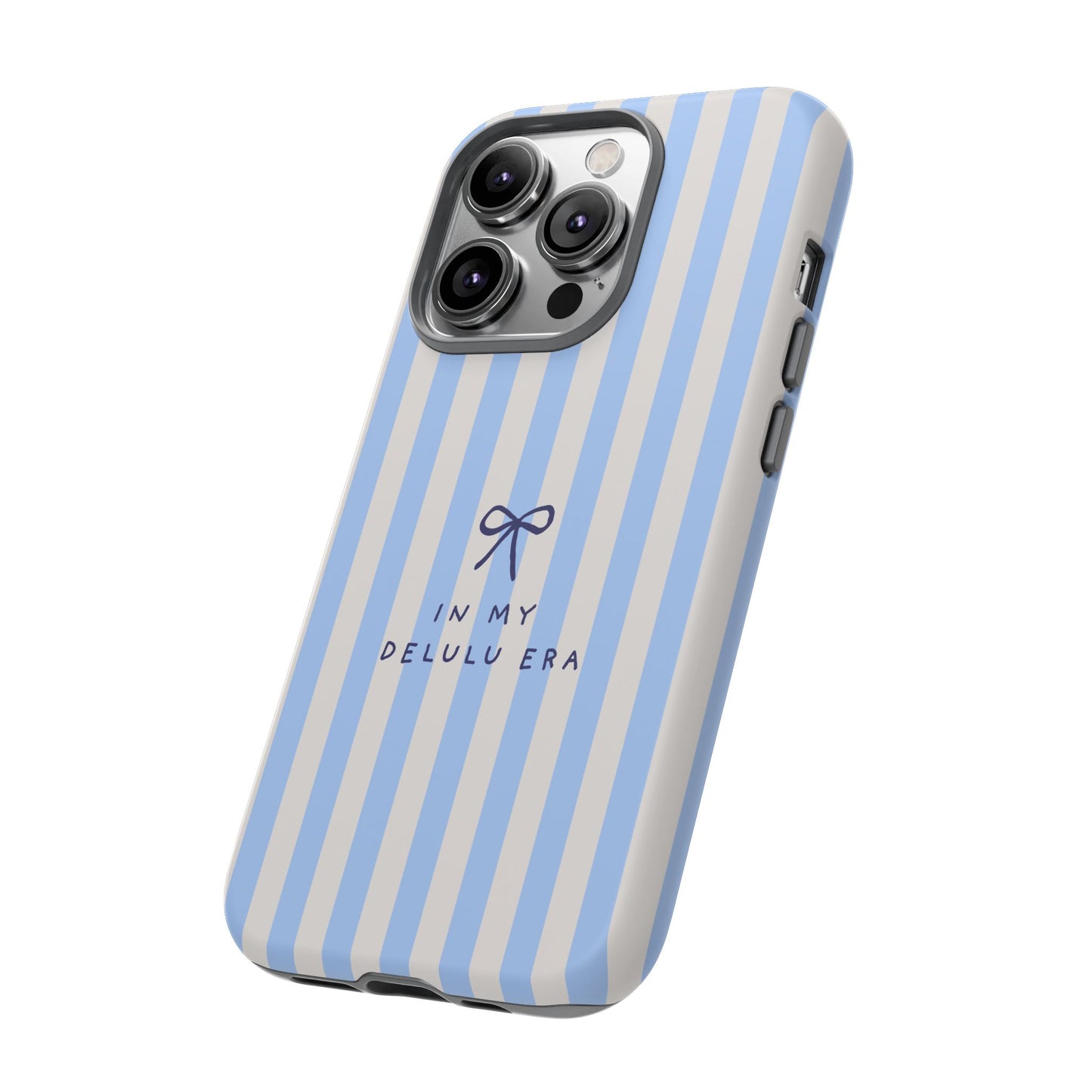 Striped Blue Phone Case — "In My Delulu Era" Cute Bow Design