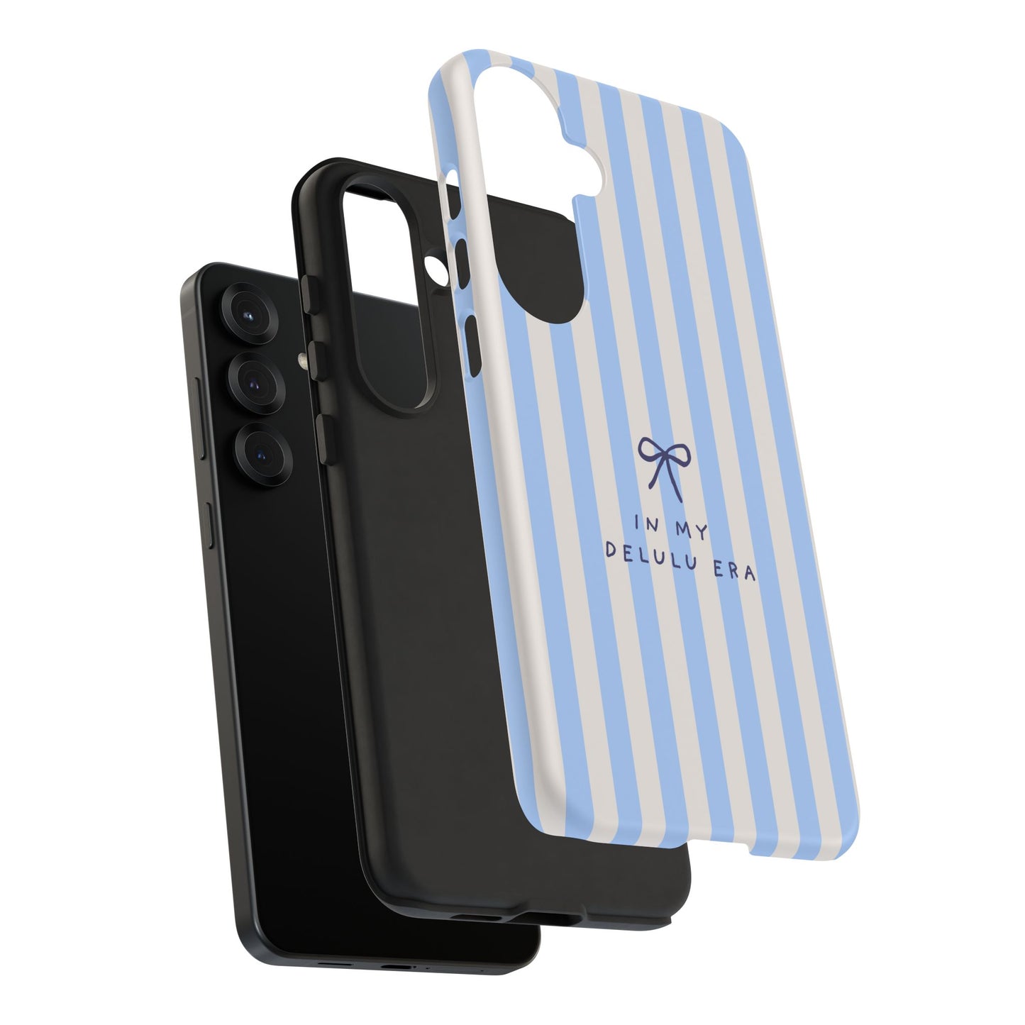 Striped Blue Phone Case — "In My Delulu Era" Cute Bow Design
