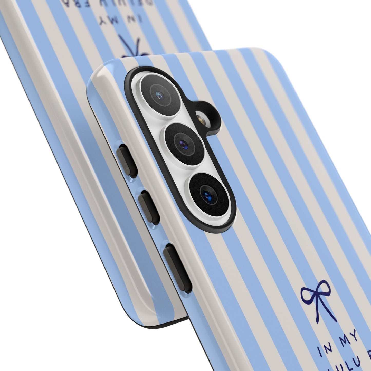 Striped Blue Phone Case — "In My Delulu Era" Cute Bow Design