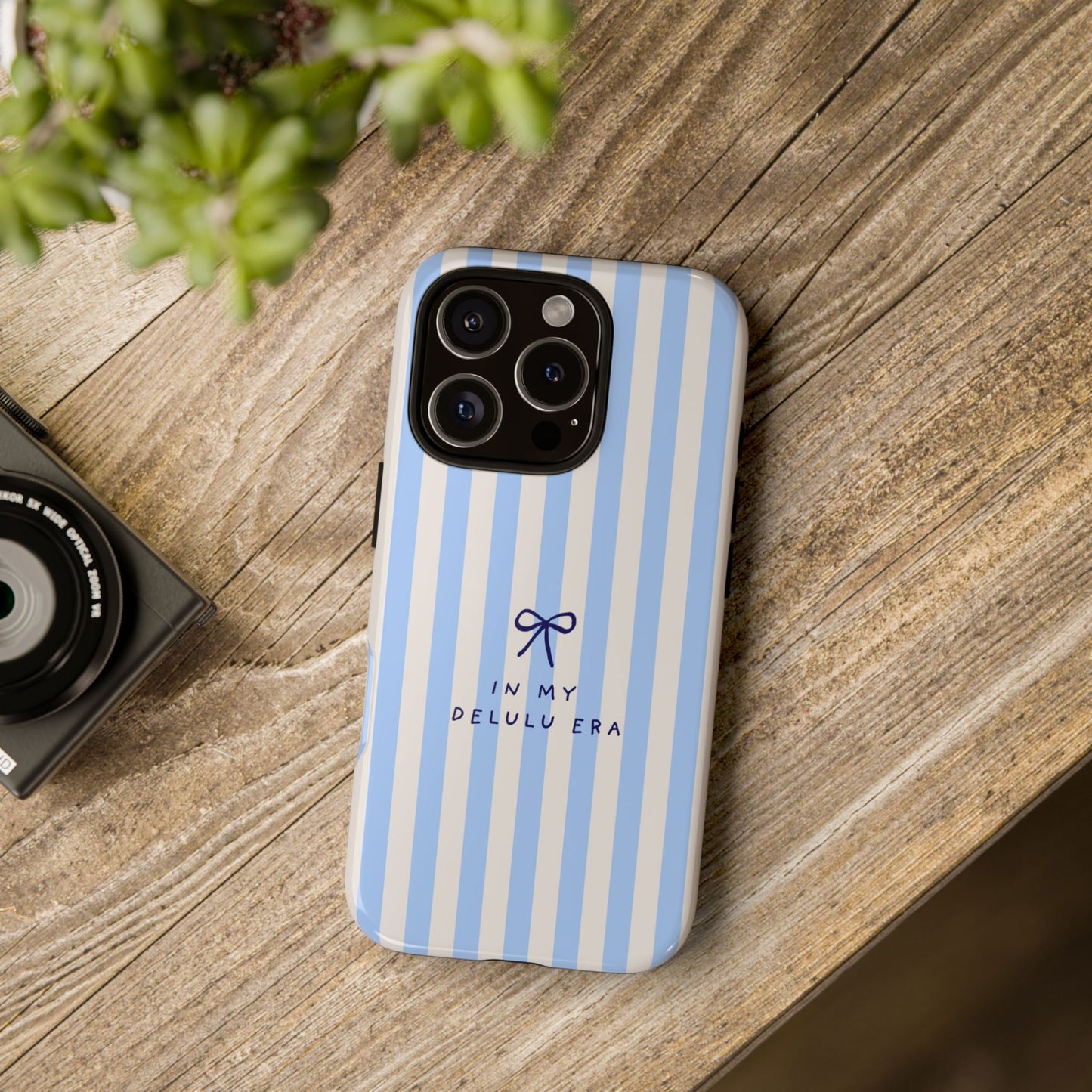 Striped Blue Phone Case — "In My Delulu Era" Cute Bow Design