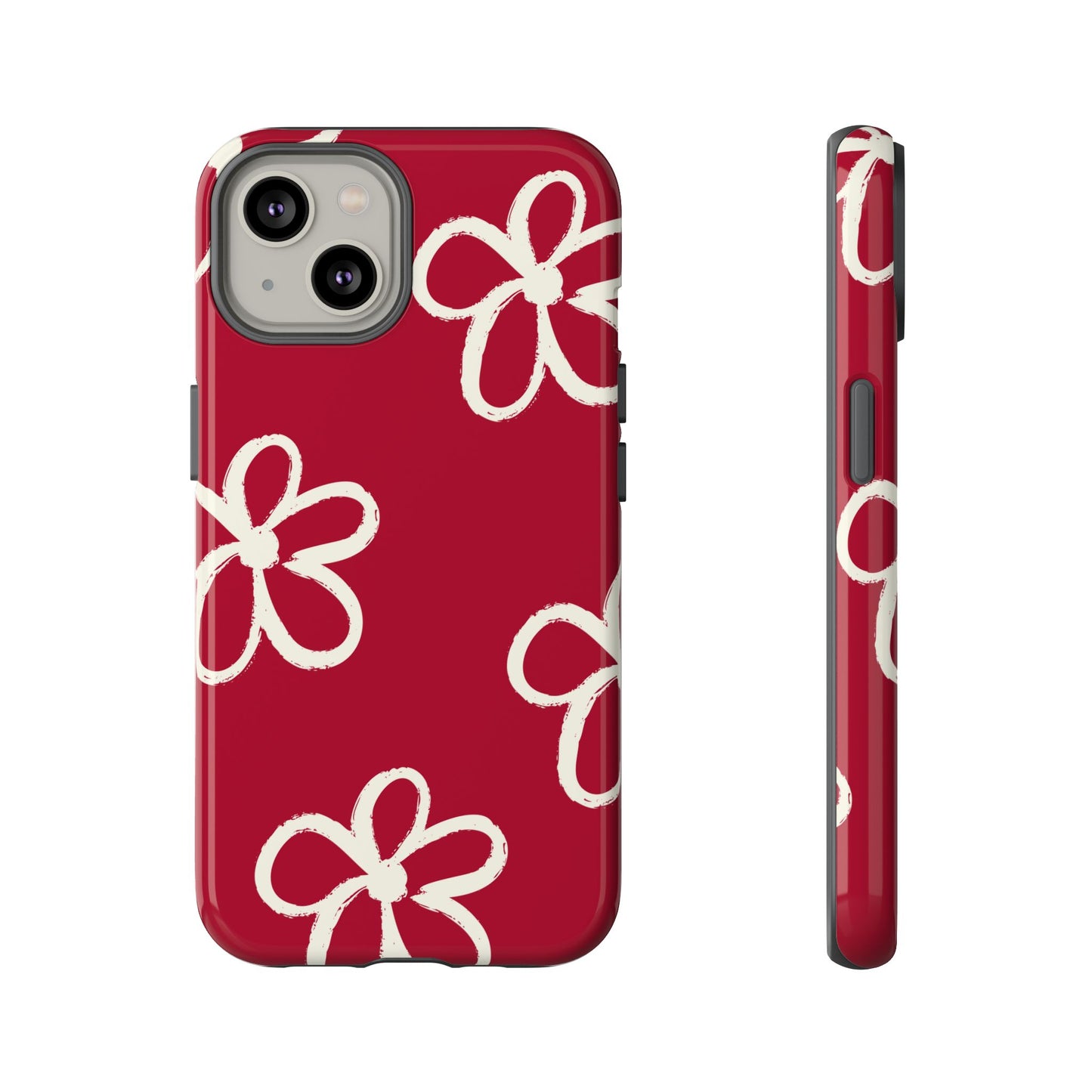 Red Floral Tough Phone Case — Hand-Drawn White Flowers on Burgundy