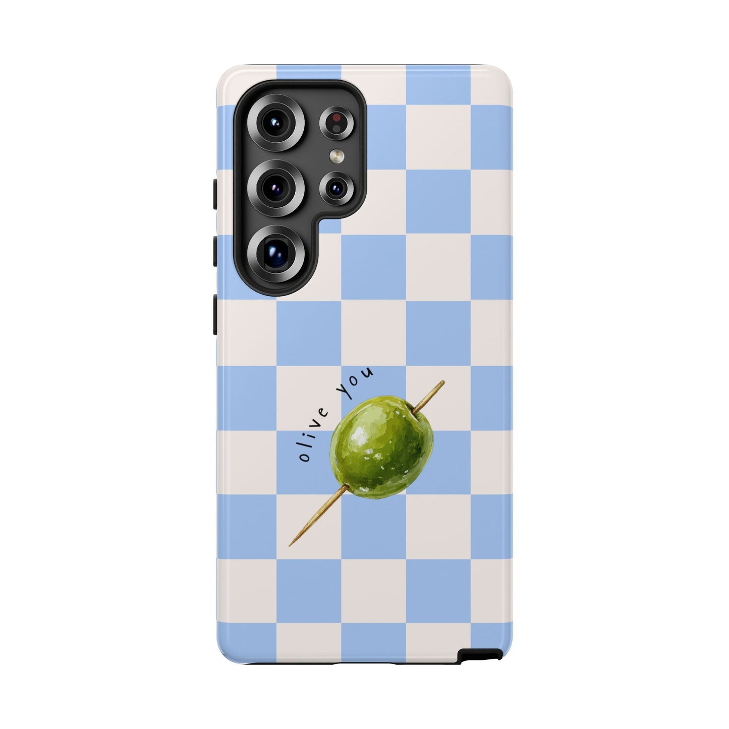 Blue Checkered Phone Case — 'Olive You' Patterned Protective Cover