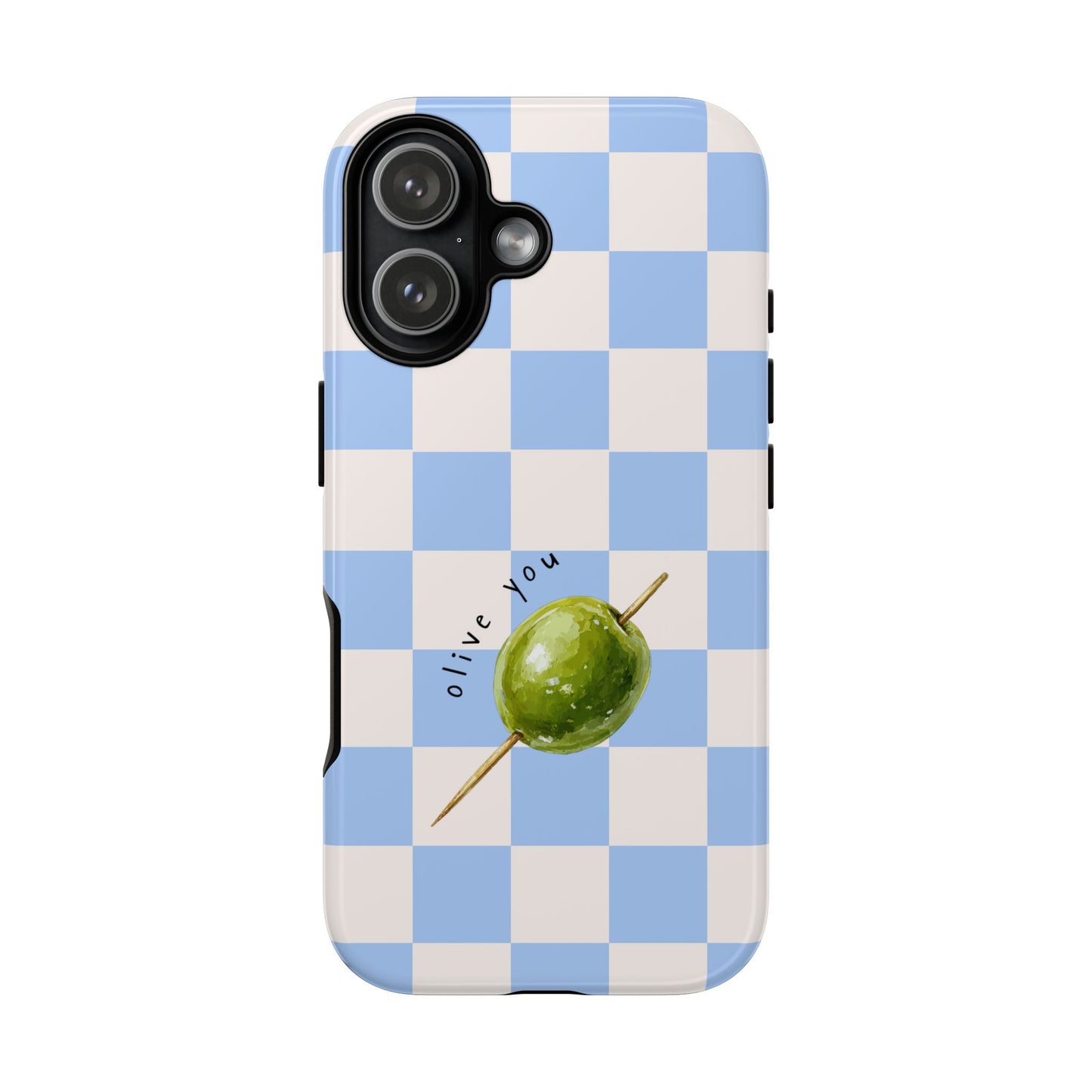 Blue Checkered Phone Case — 'Olive You' Patterned Protective Cover