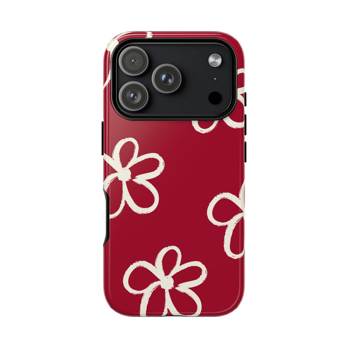 Red Floral Tough Phone Case — Hand-Drawn White Flowers on Burgundy