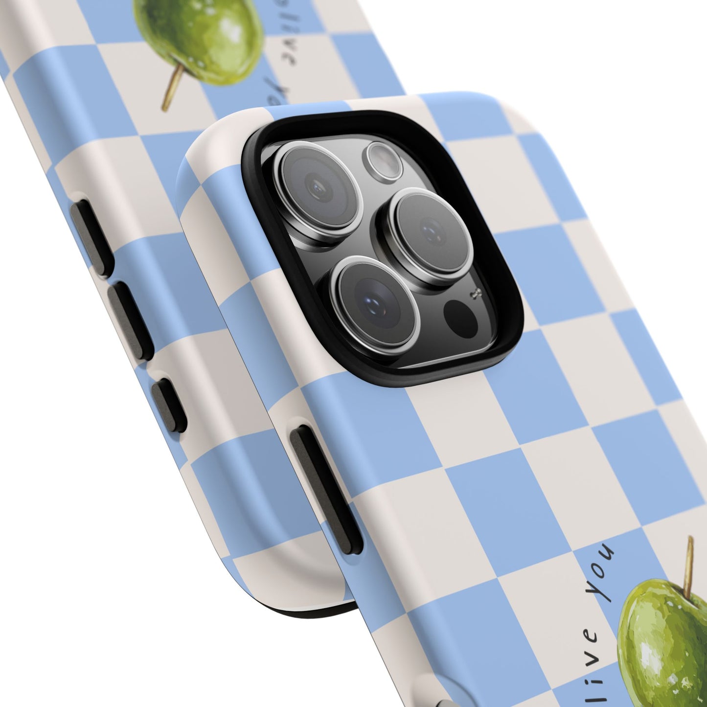 Blue Checkered Phone Case — 'Olive You' Patterned Protective Cover