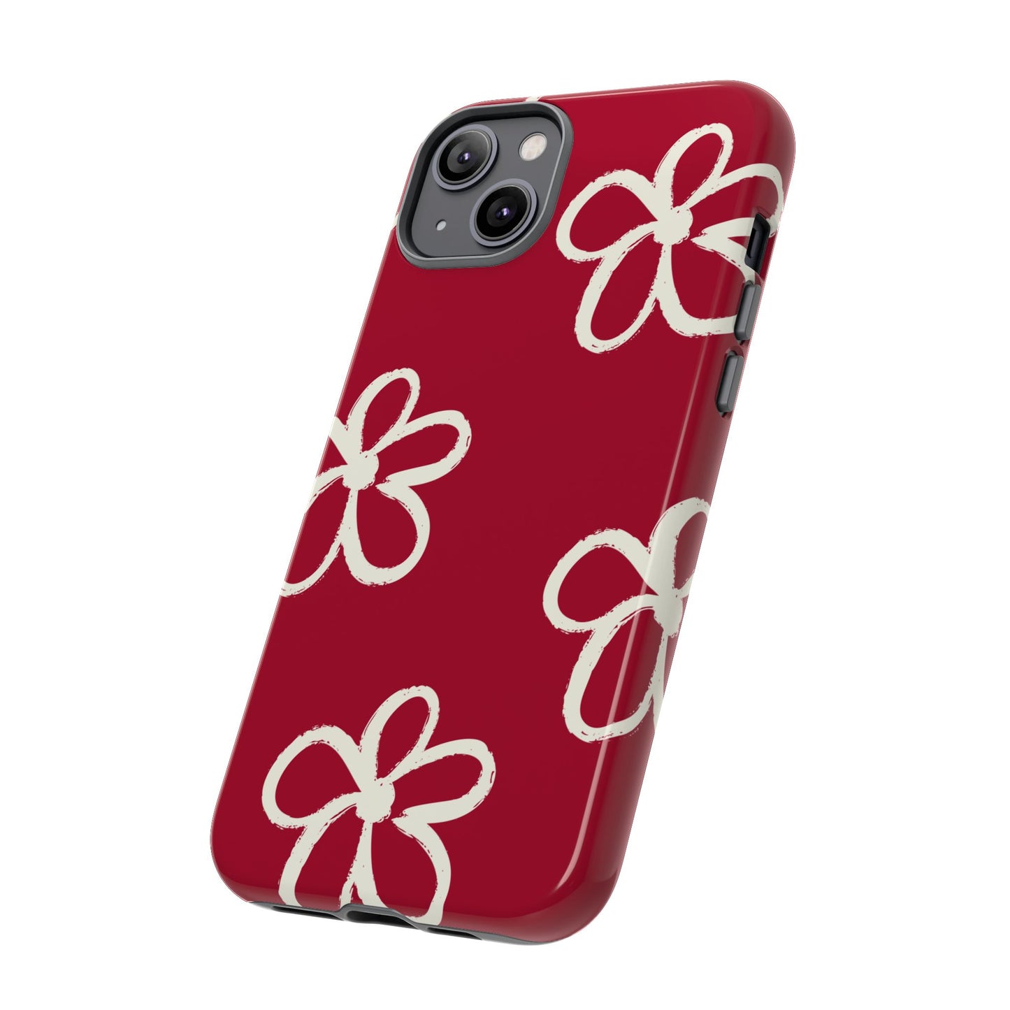 Red Floral Tough Phone Case — Hand-Drawn White Flowers on Burgundy