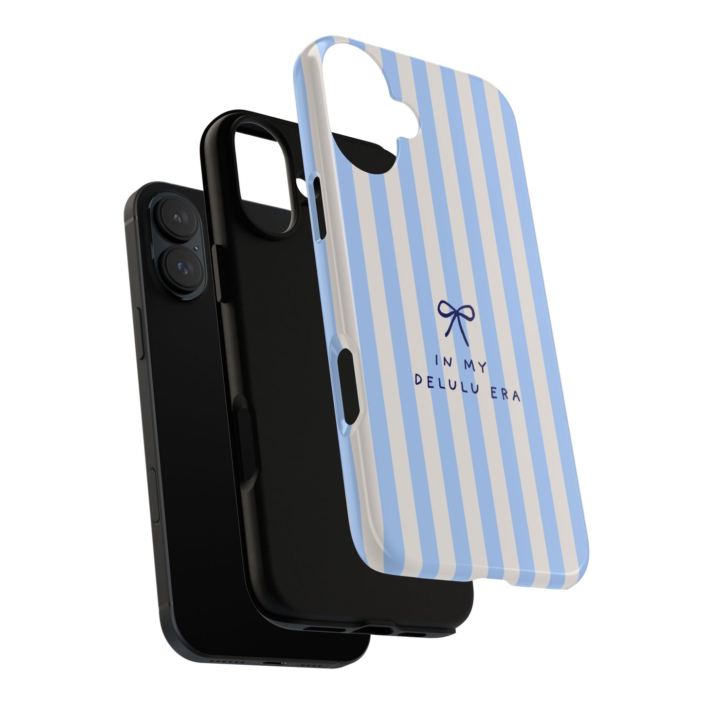 Striped Blue Phone Case — "In My Delulu Era" Cute Bow Design
