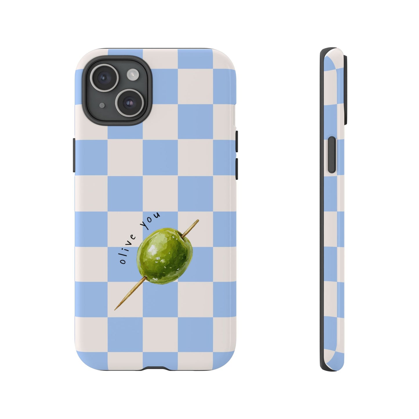 Blue Checkered Phone Case — 'Olive You' Patterned Protective Cover