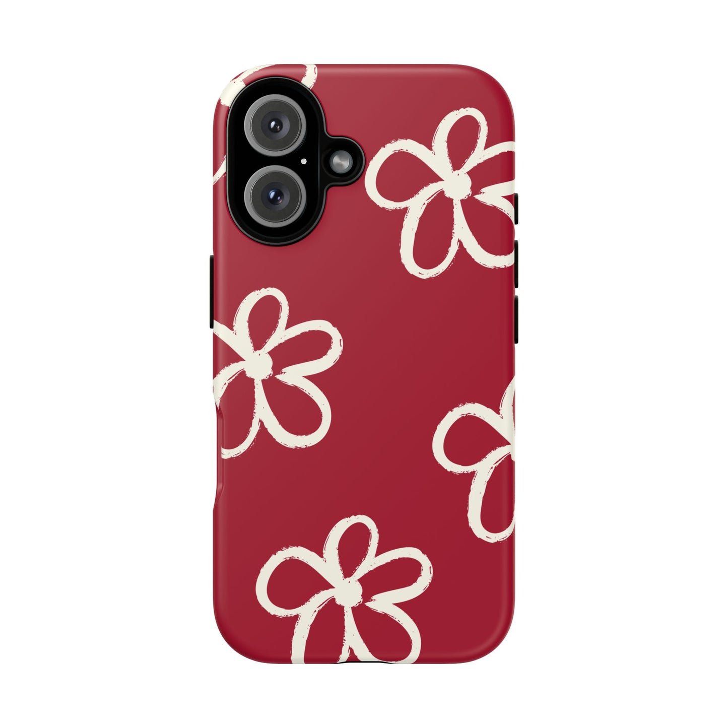 Red Floral Tough Phone Case — Hand-Drawn White Flowers on Burgundy