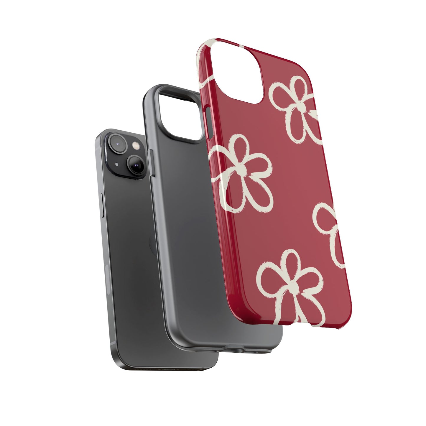 Red Floral Tough Phone Case — Hand-Drawn White Flowers on Burgundy