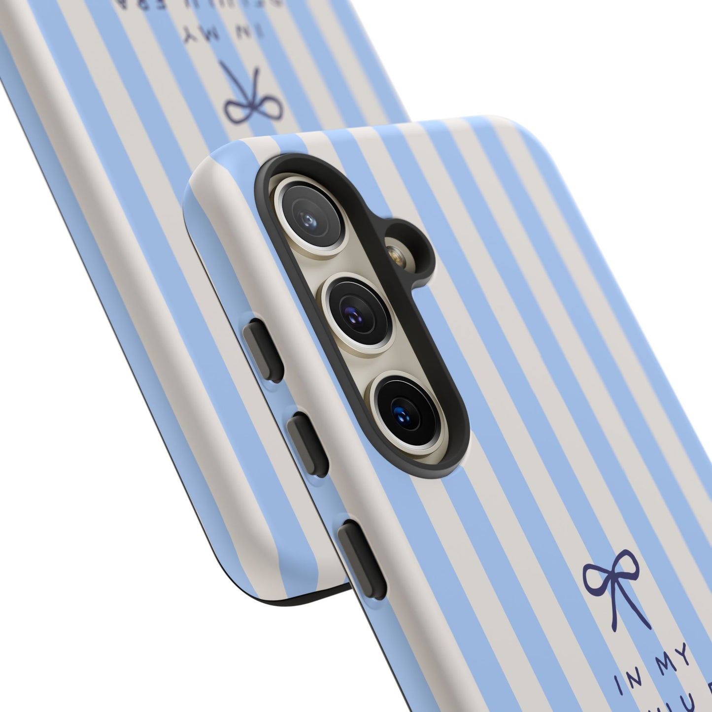 Striped Blue Phone Case — "In My Delulu Era" Cute Bow Design