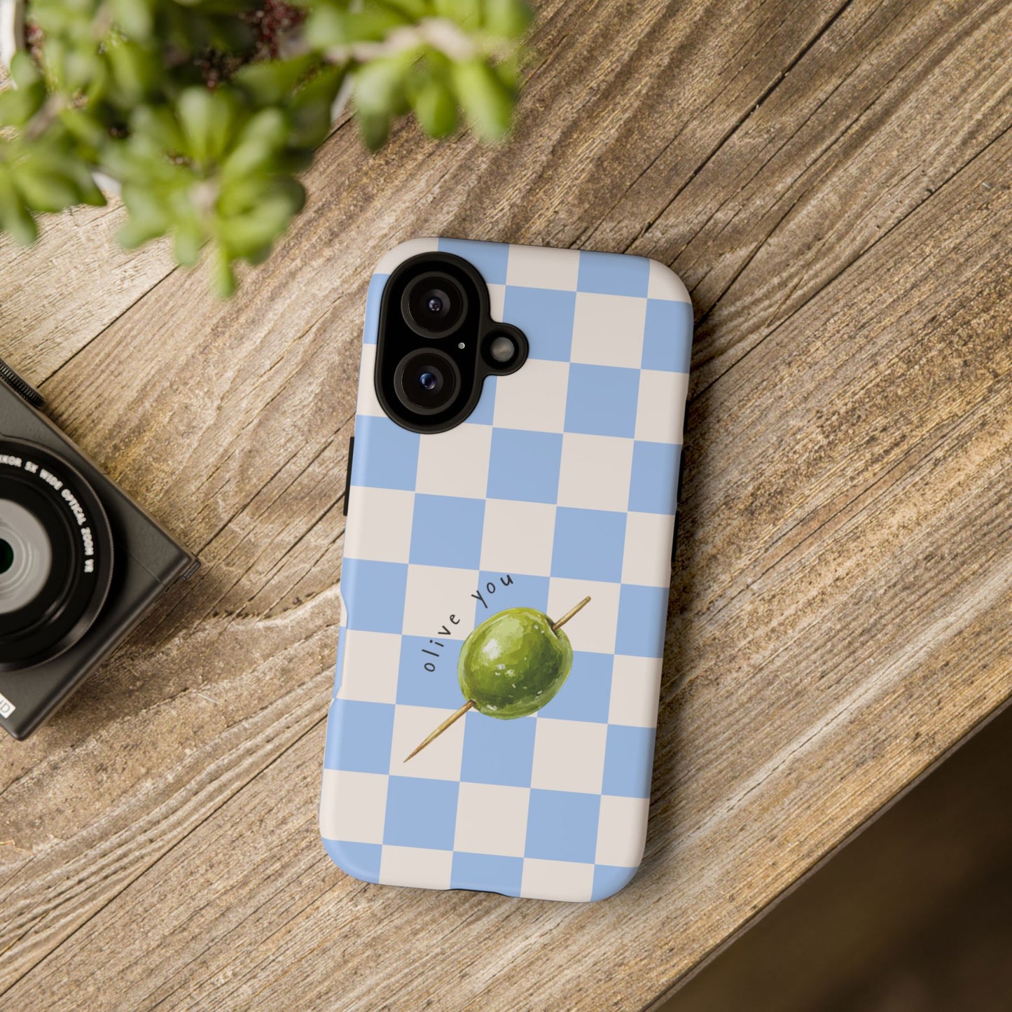 Blue Checkered Phone Case — 'Olive You' Patterned Protective Cover