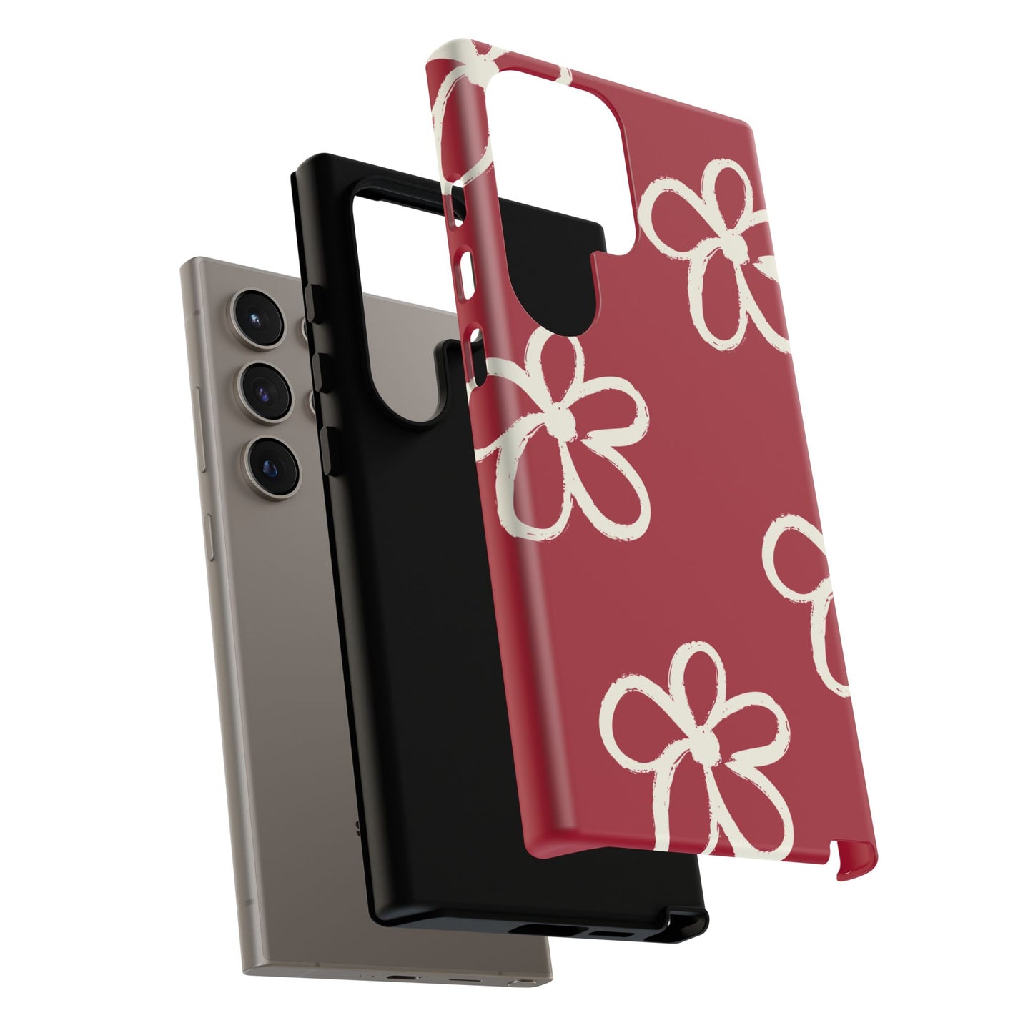 Red Floral Tough Phone Case — Hand-Drawn White Flowers on Burgundy