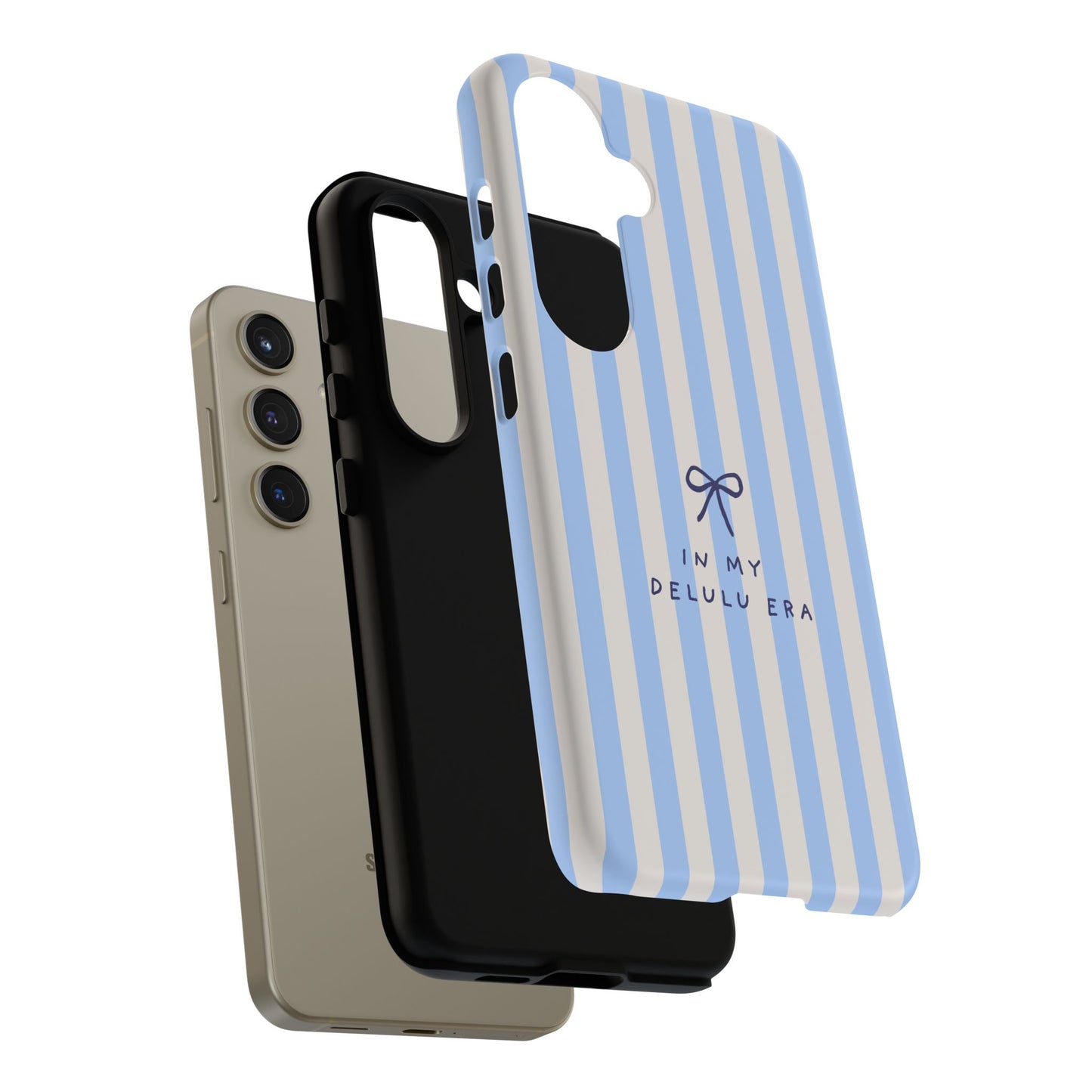 Striped Blue Phone Case — "In My Delulu Era" Cute Bow Design