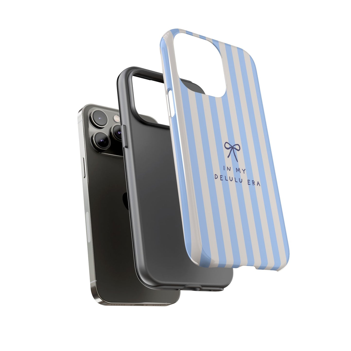 Striped Blue Phone Case — "In My Delulu Era" Cute Bow Design