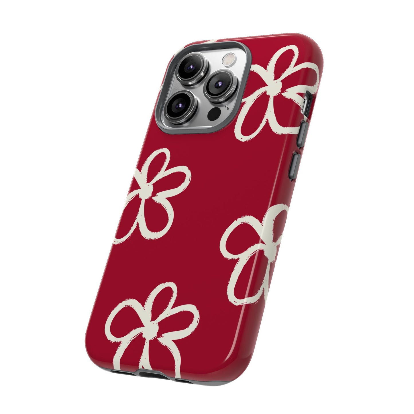 Red Floral Tough Phone Case — Hand-Drawn White Flowers on Burgundy