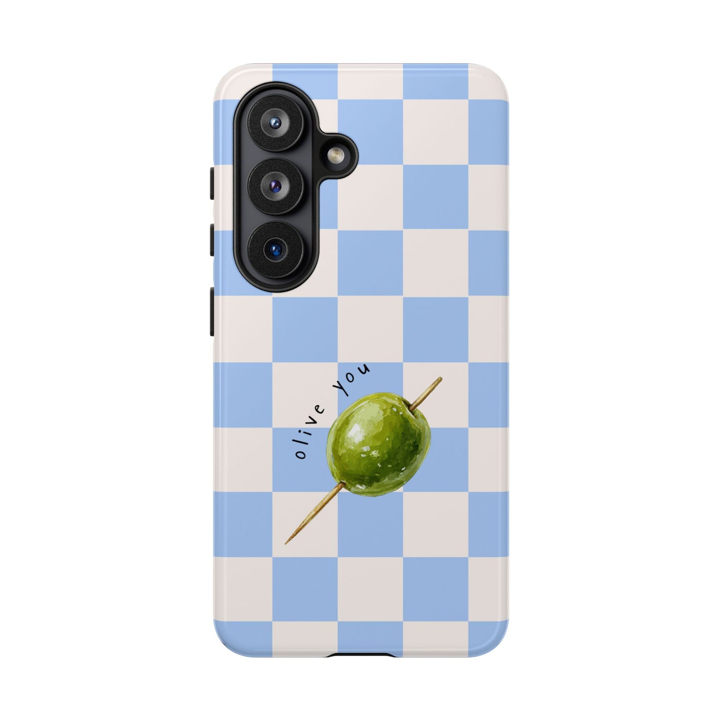 Blue Checkered Phone Case — 'Olive You' Patterned Protective Cover