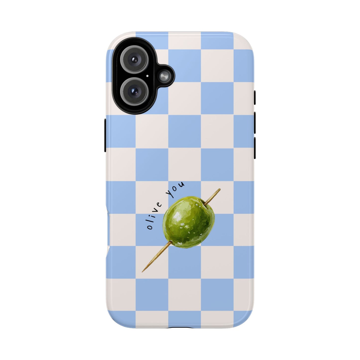 Blue Checkered Phone Case — 'Olive You' Patterned Protective Cover