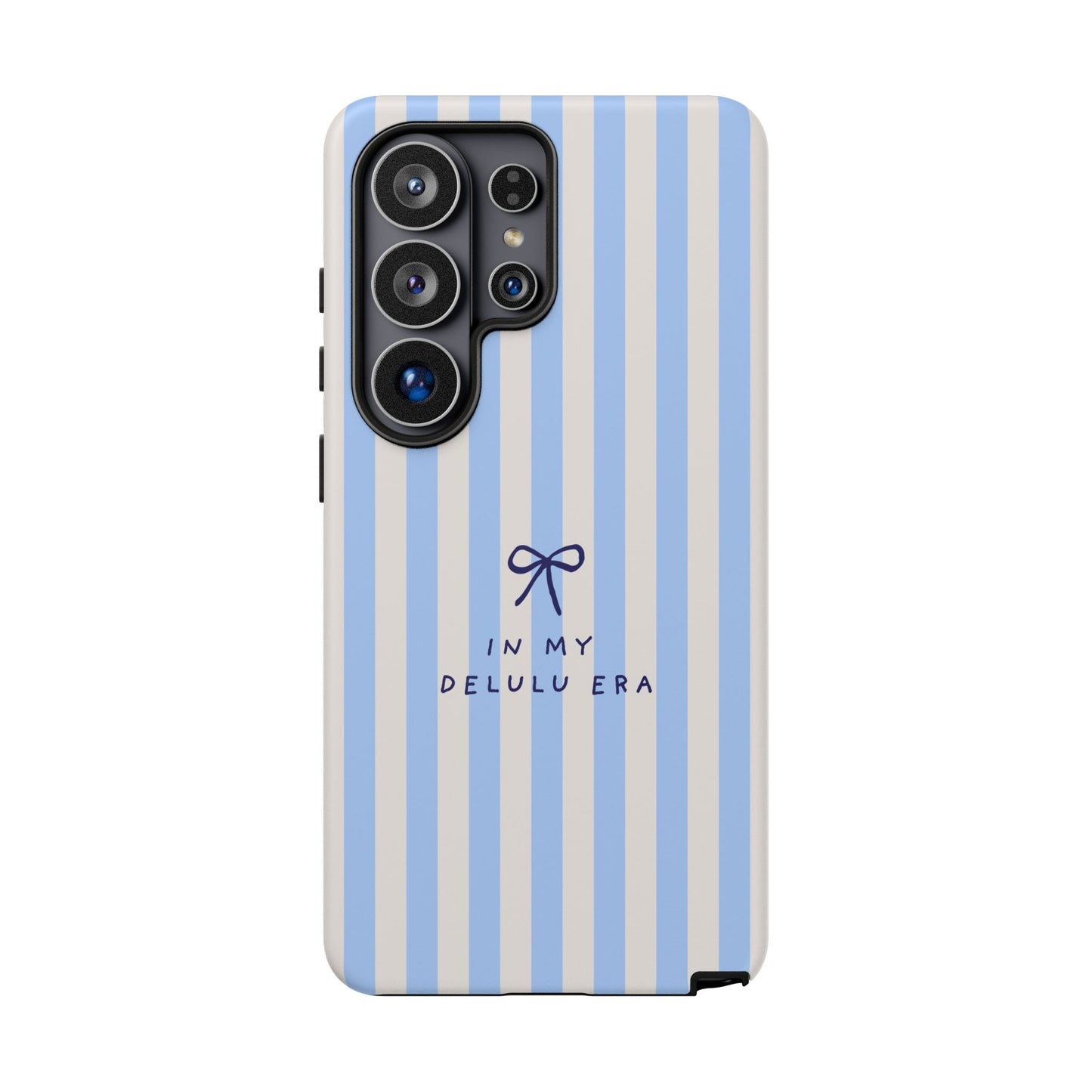 Striped Blue Phone Case — "In My Delulu Era" Cute Bow Design