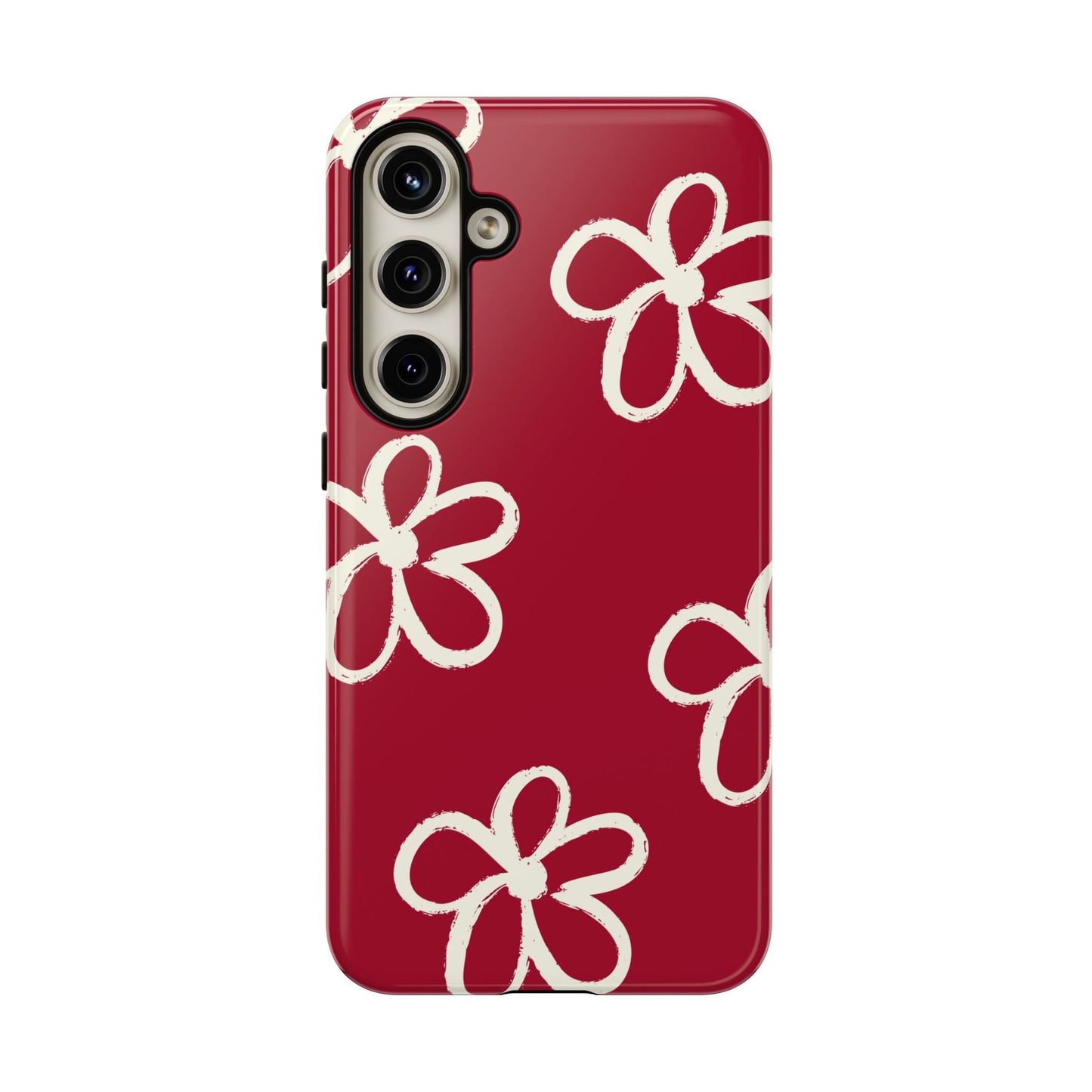 Red Floral Tough Phone Case — Hand-Drawn White Flowers on Burgundy