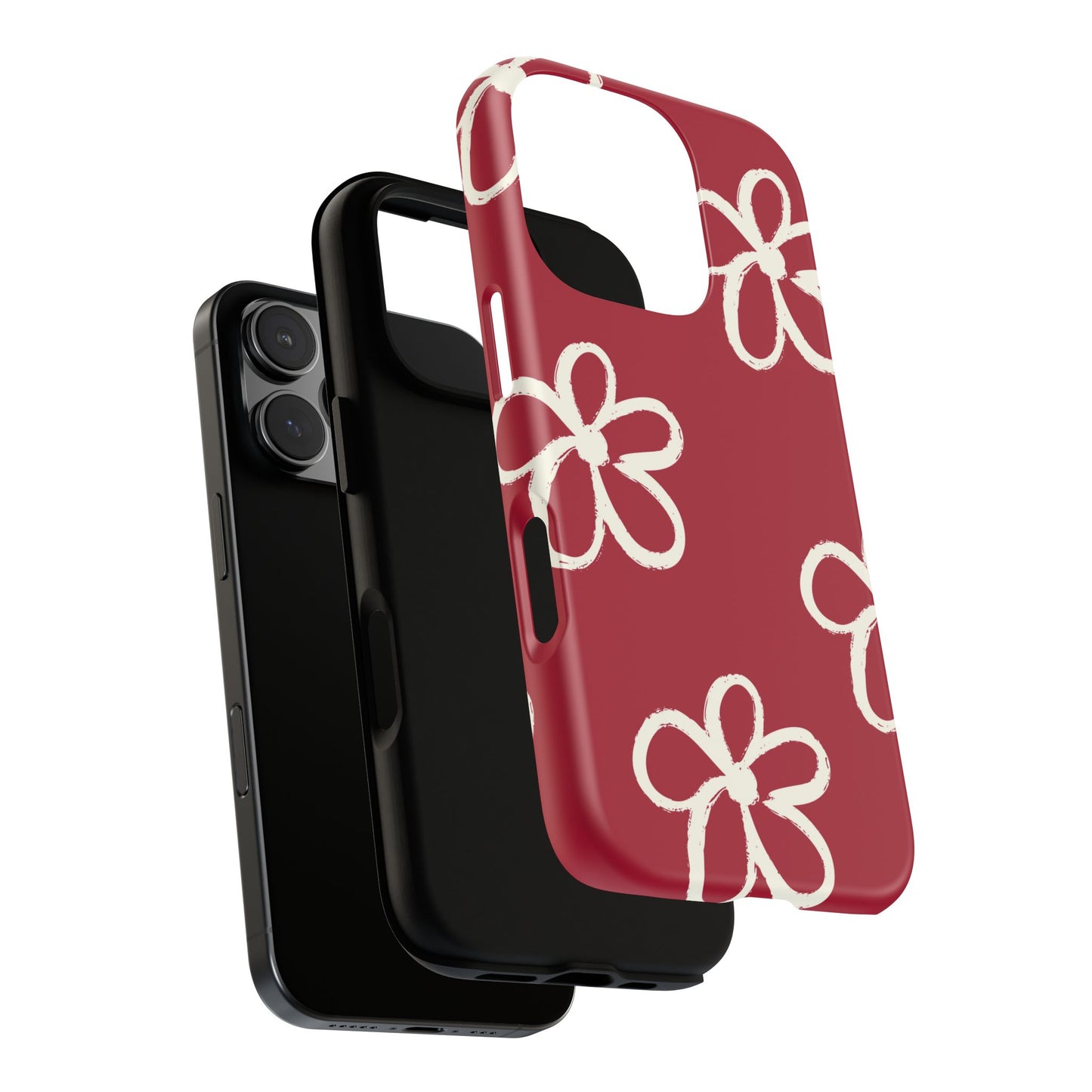 Red Floral Tough Phone Case — Hand-Drawn White Flowers on Burgundy