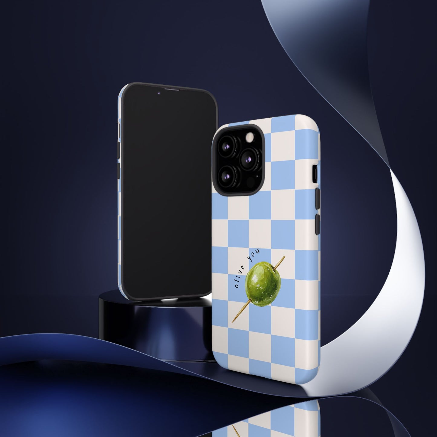 Blue Checkered Phone Case — 'Olive You' Patterned Protective Cover