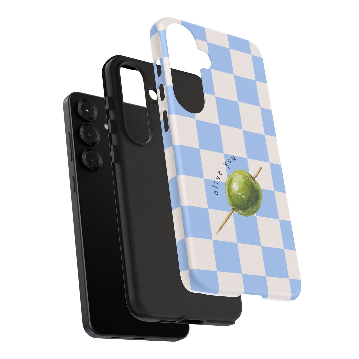 Blue Checkered Phone Case — 'Olive You' Patterned Protective Cover
