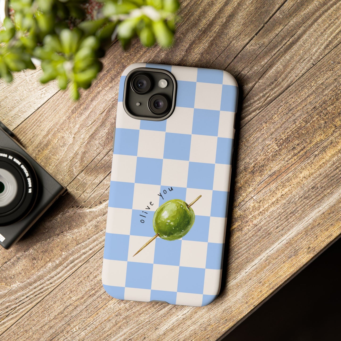 Blue Checkered Phone Case — 'Olive You' Patterned Protective Cover