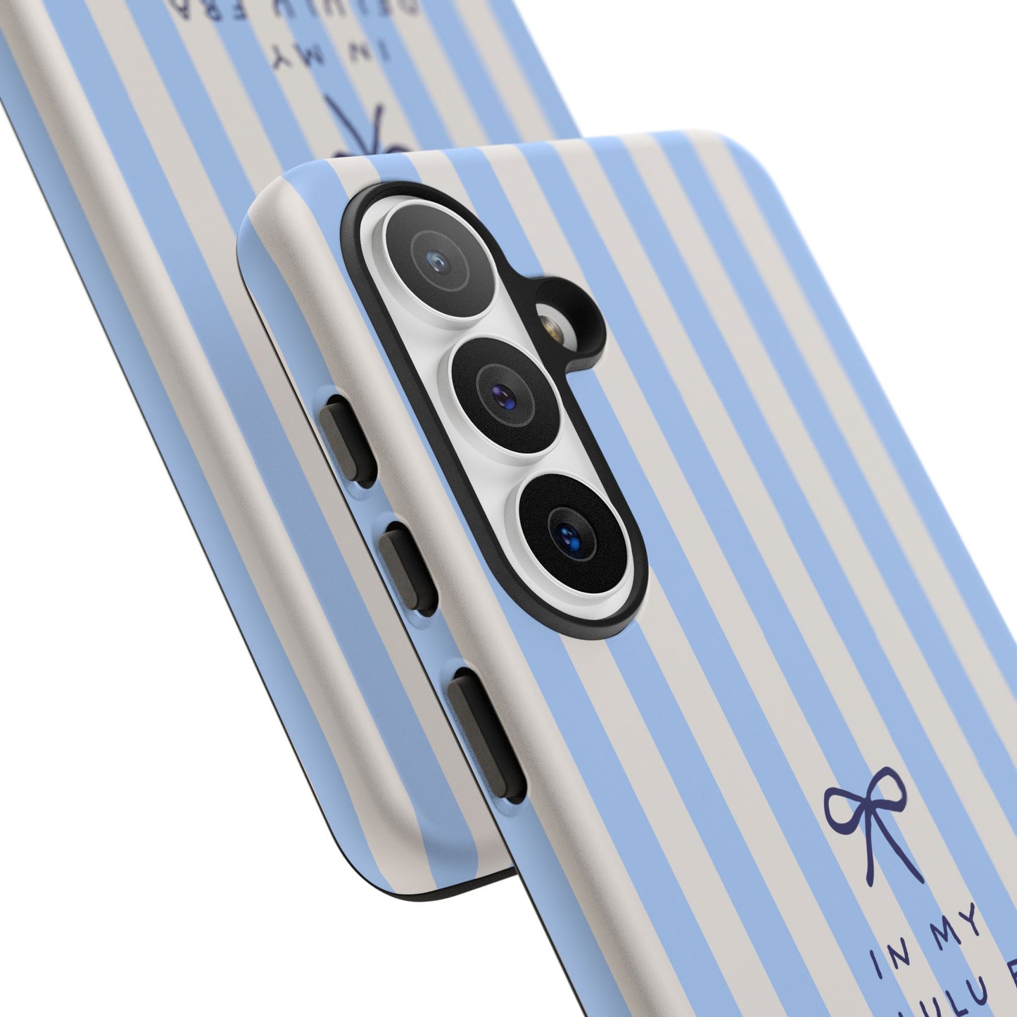 Striped Blue Phone Case — "In My Delulu Era" Cute Bow Design