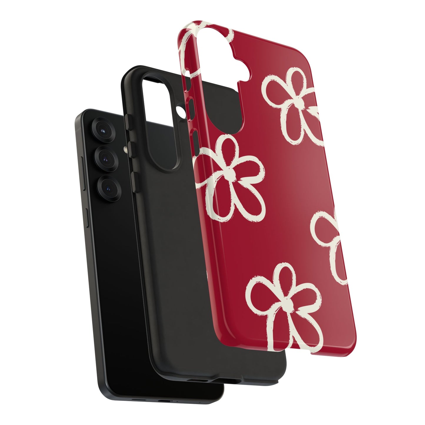 Red Floral Tough Phone Case — Hand-Drawn White Flowers on Burgundy