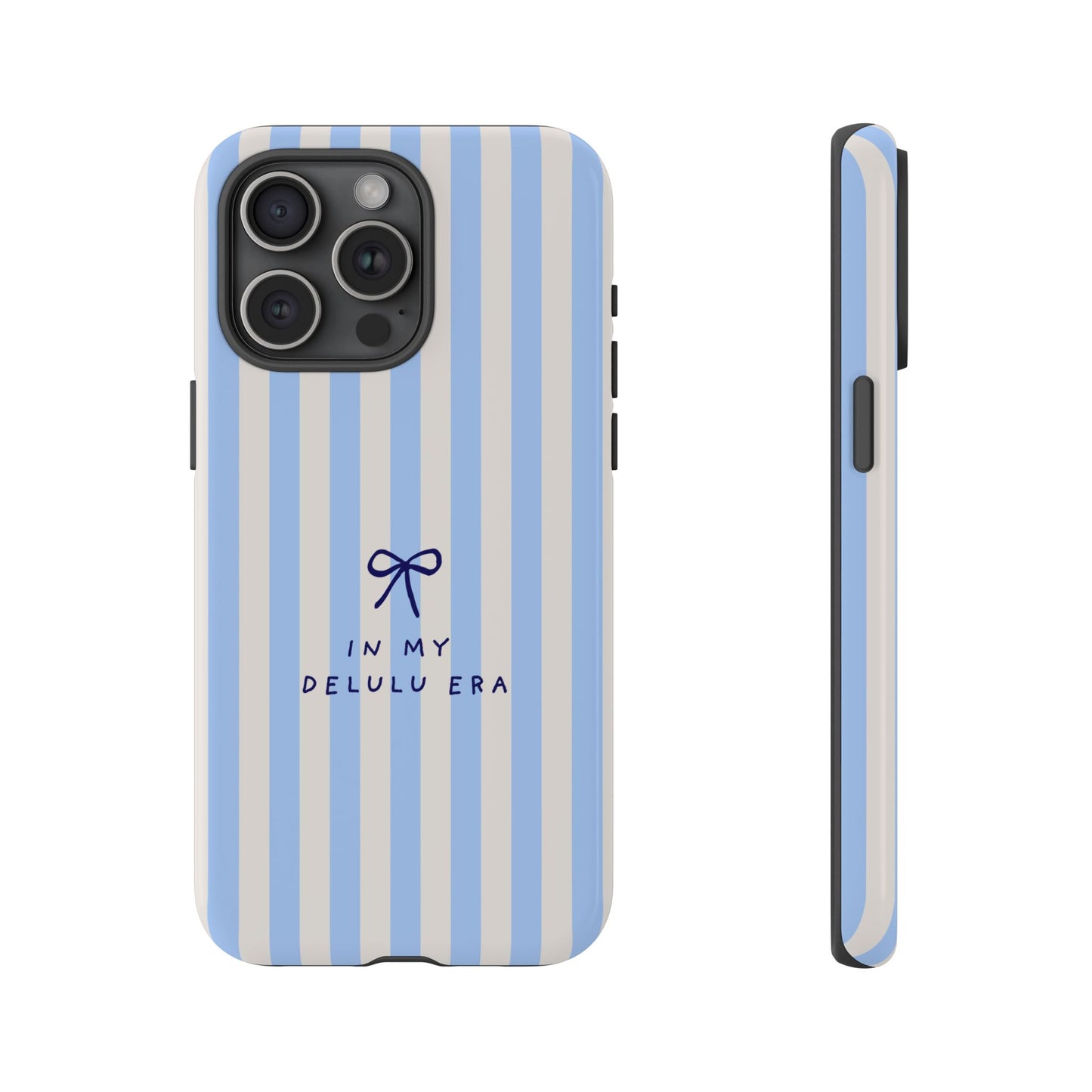 Striped Blue Phone Case — "In My Delulu Era" Cute Bow Design