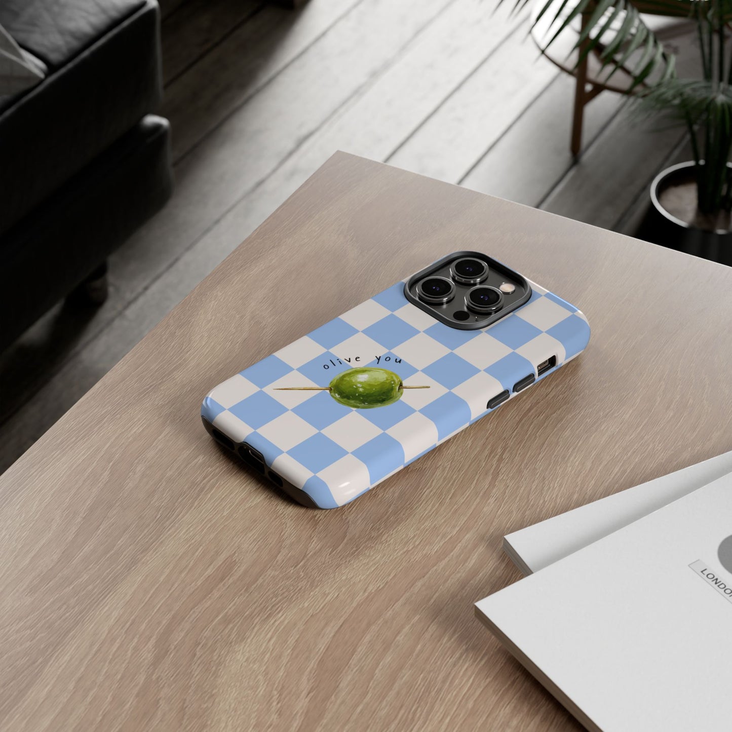Blue Checkered Phone Case — 'Olive You' Patterned Protective Cover