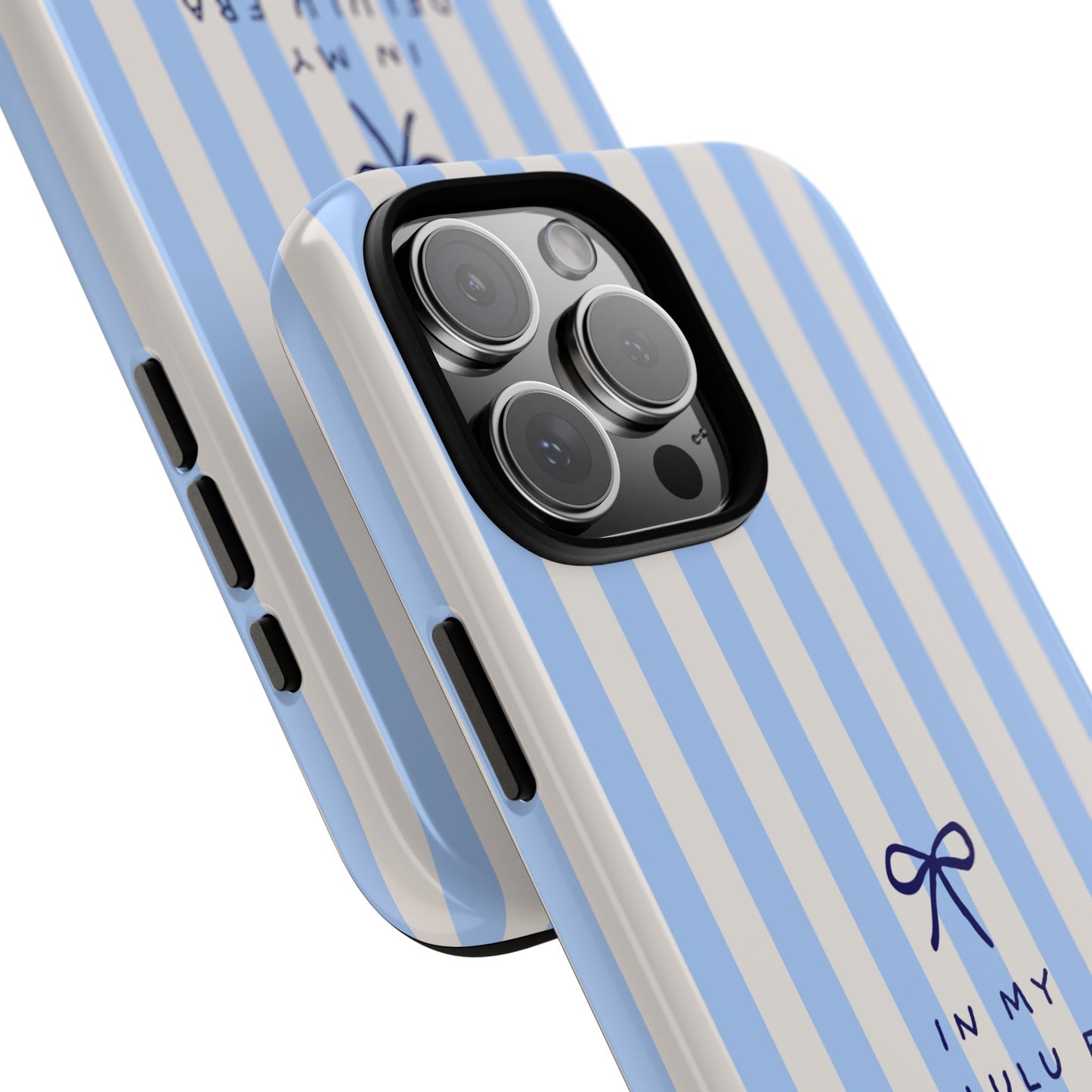 Striped Blue Phone Case — "In My Delulu Era" Cute Bow Design