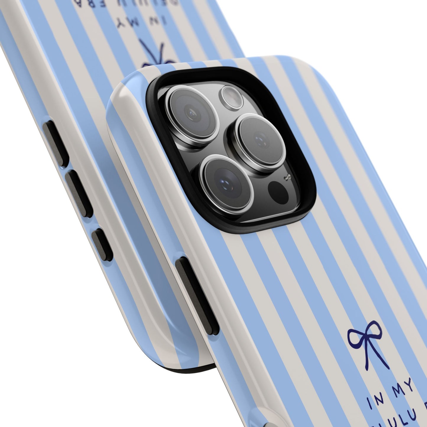 Striped Blue Phone Case — "In My Delulu Era" Cute Bow Design