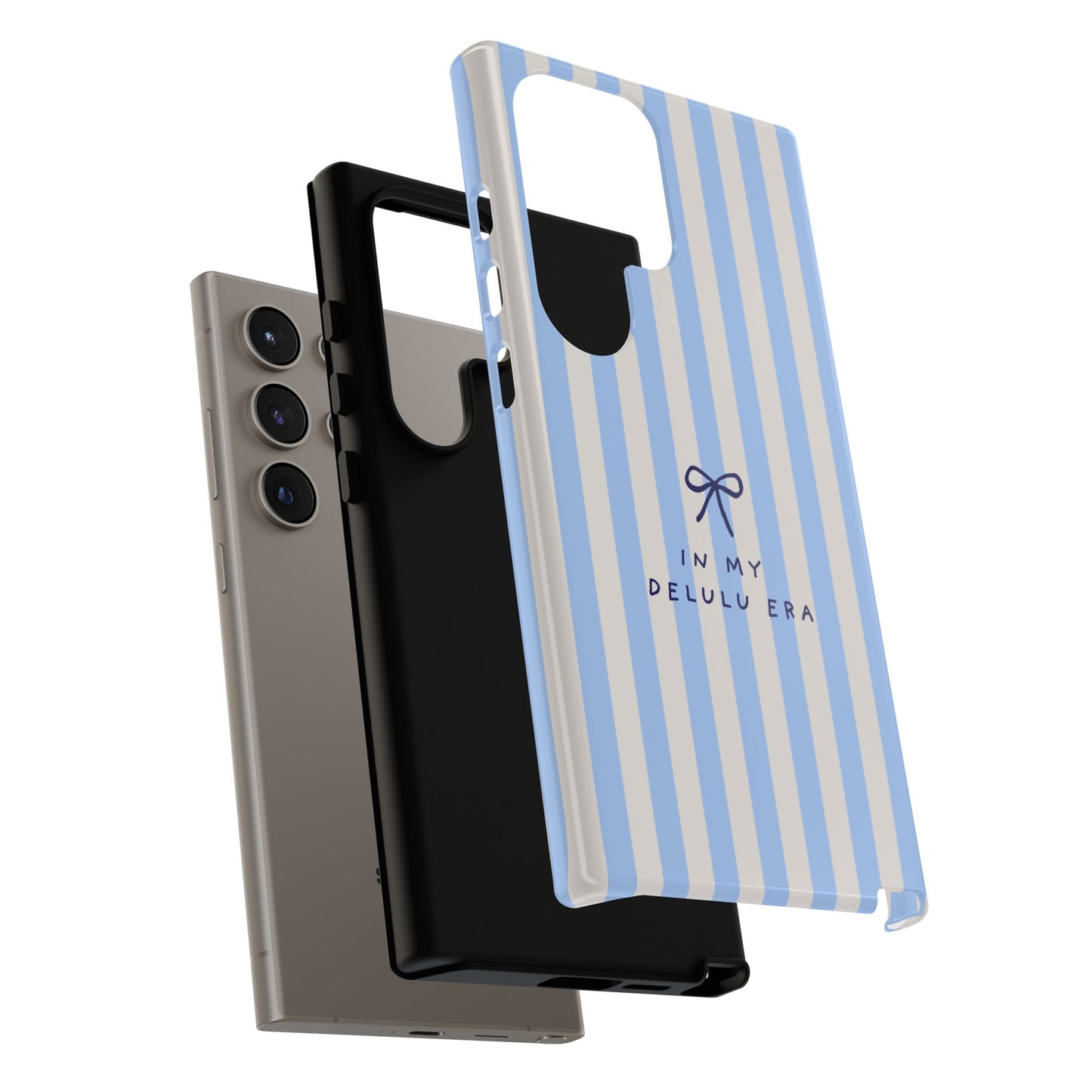 Striped Blue Phone Case — "In My Delulu Era" Cute Bow Design