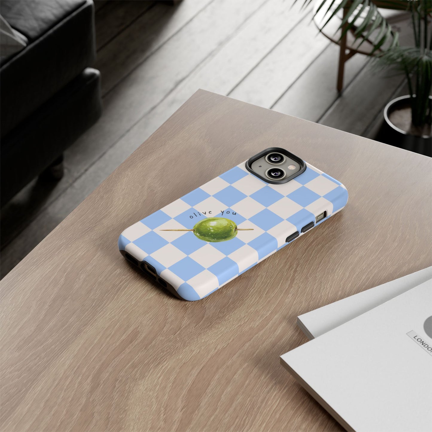 Blue Checkered Phone Case — 'Olive You' Patterned Protective Cover