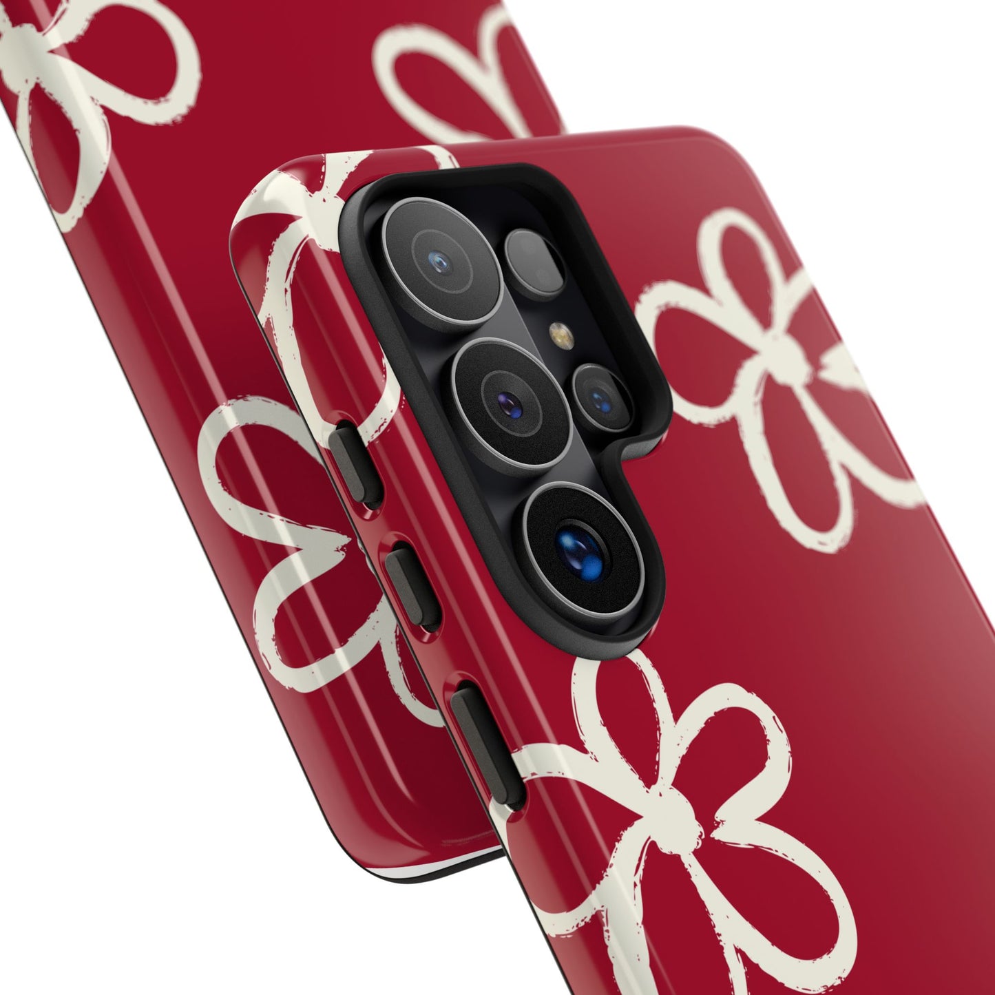 Red Floral Tough Phone Case — Hand-Drawn White Flowers on Burgundy