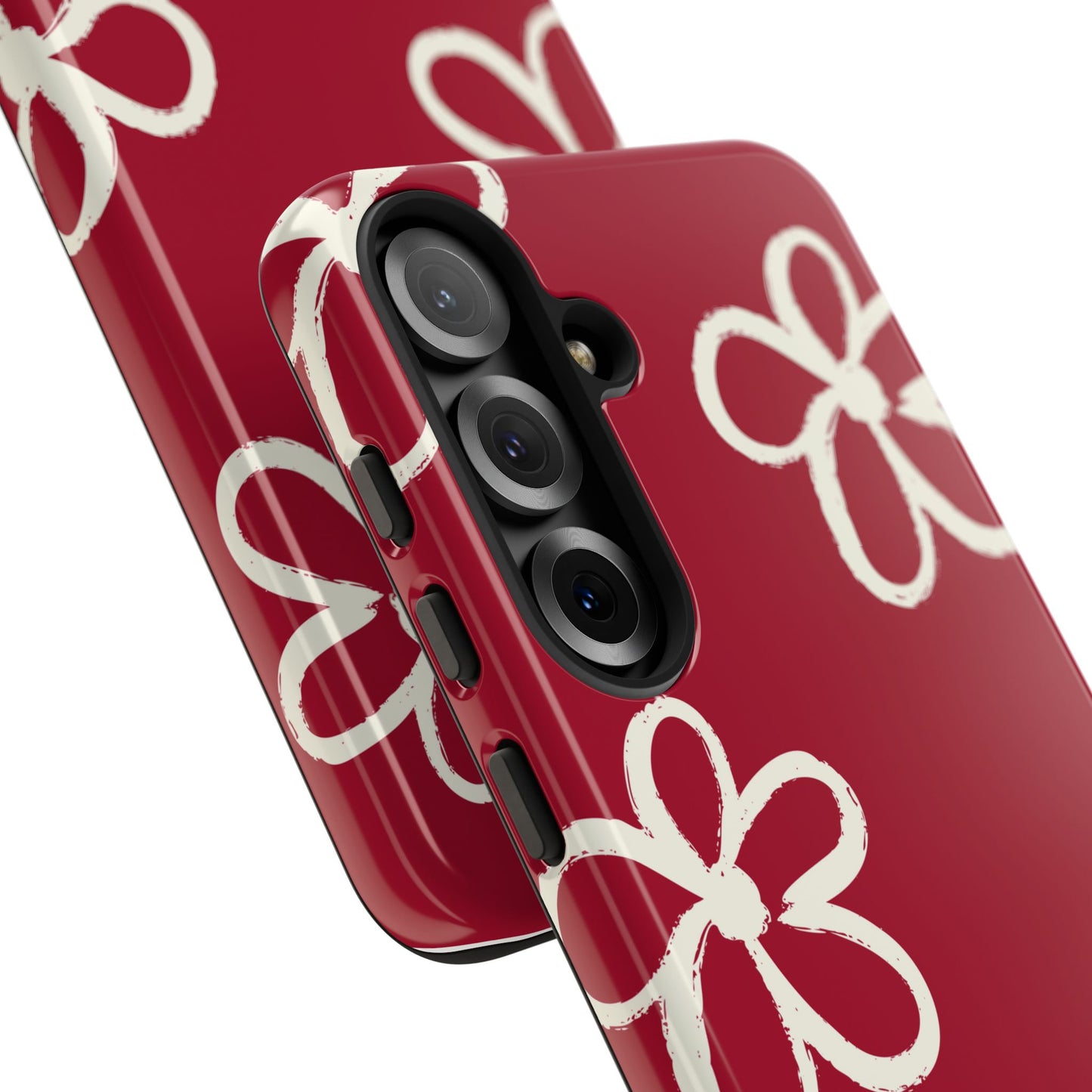 Red Floral Tough Phone Case — Hand-Drawn White Flowers on Burgundy