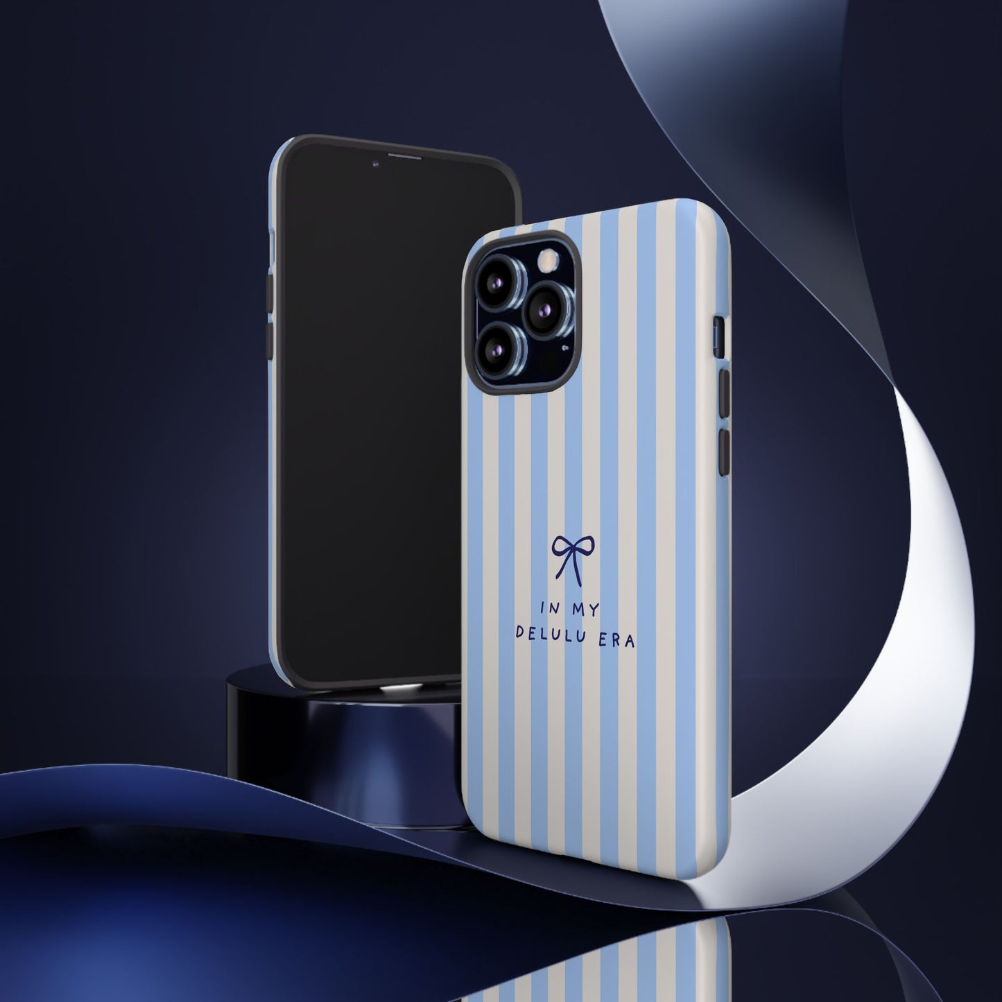 Striped Blue Phone Case — "In My Delulu Era" Cute Bow Design