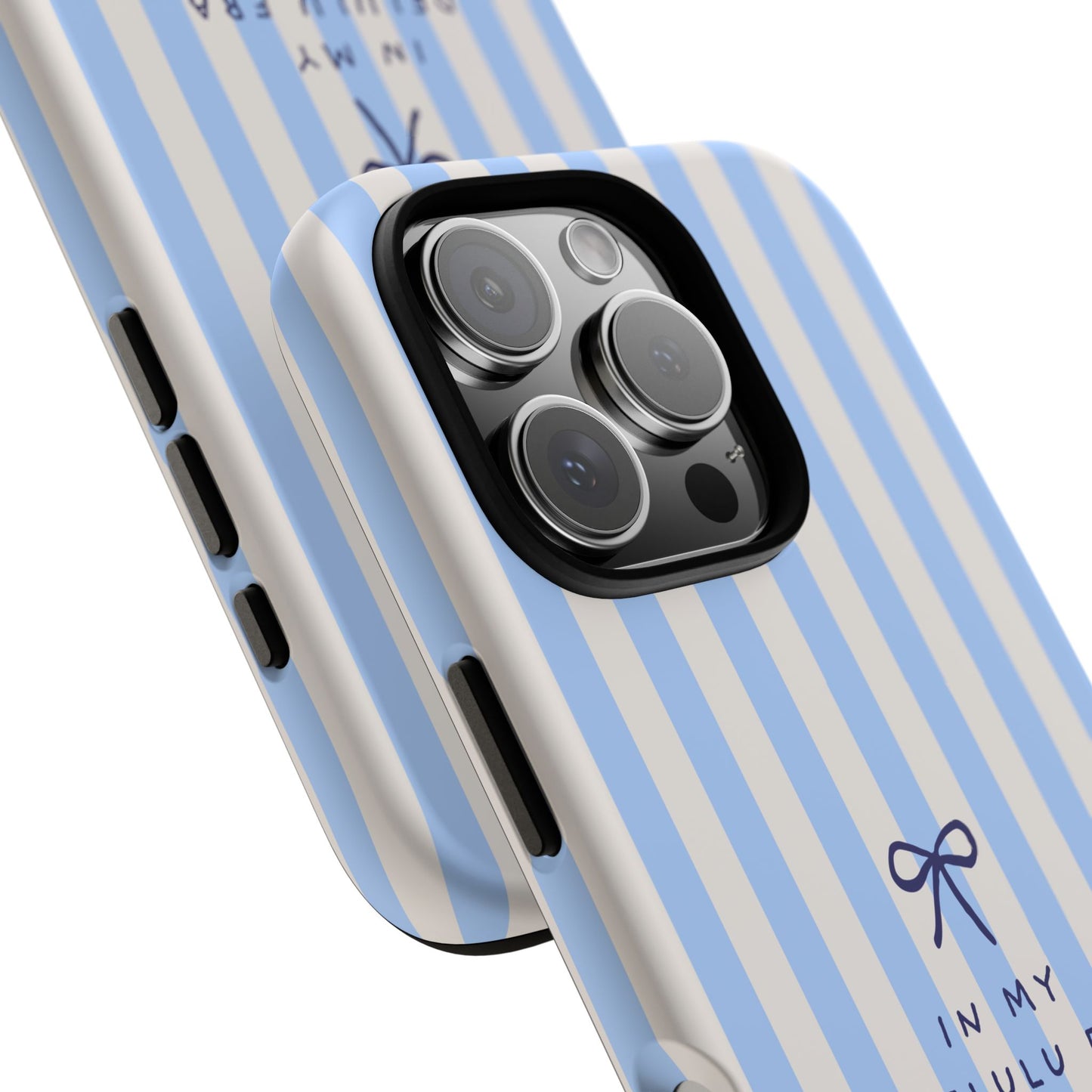 Striped Blue Phone Case — "In My Delulu Era" Cute Bow Design