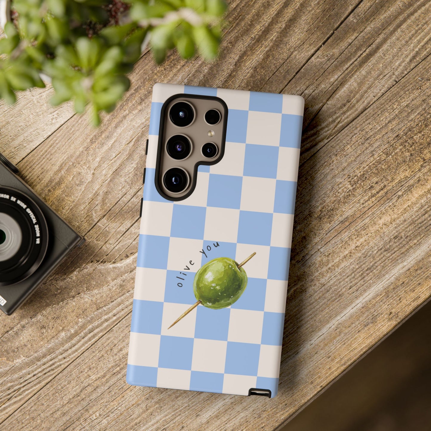 Blue Checkered Phone Case — 'Olive You' Patterned Protective Cover