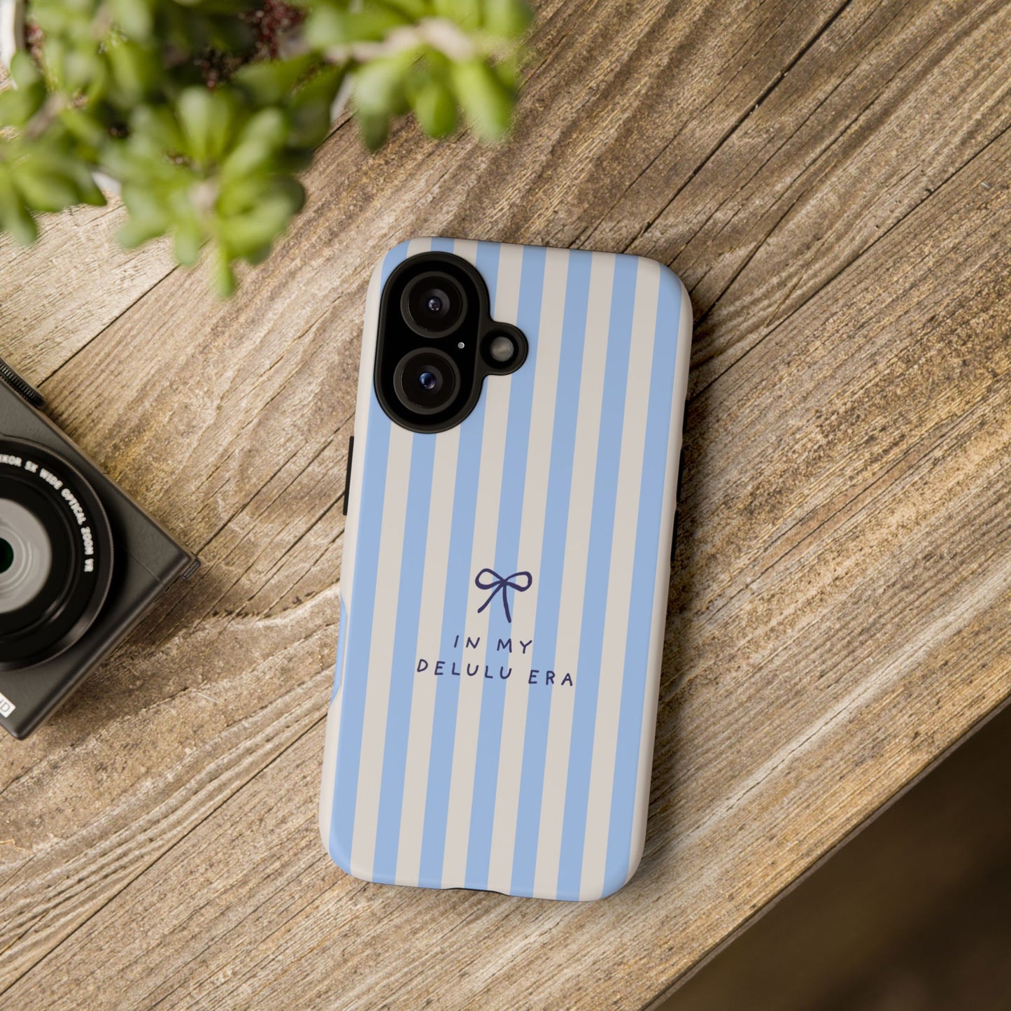 Striped Blue Phone Case — "In My Delulu Era" Cute Bow Design