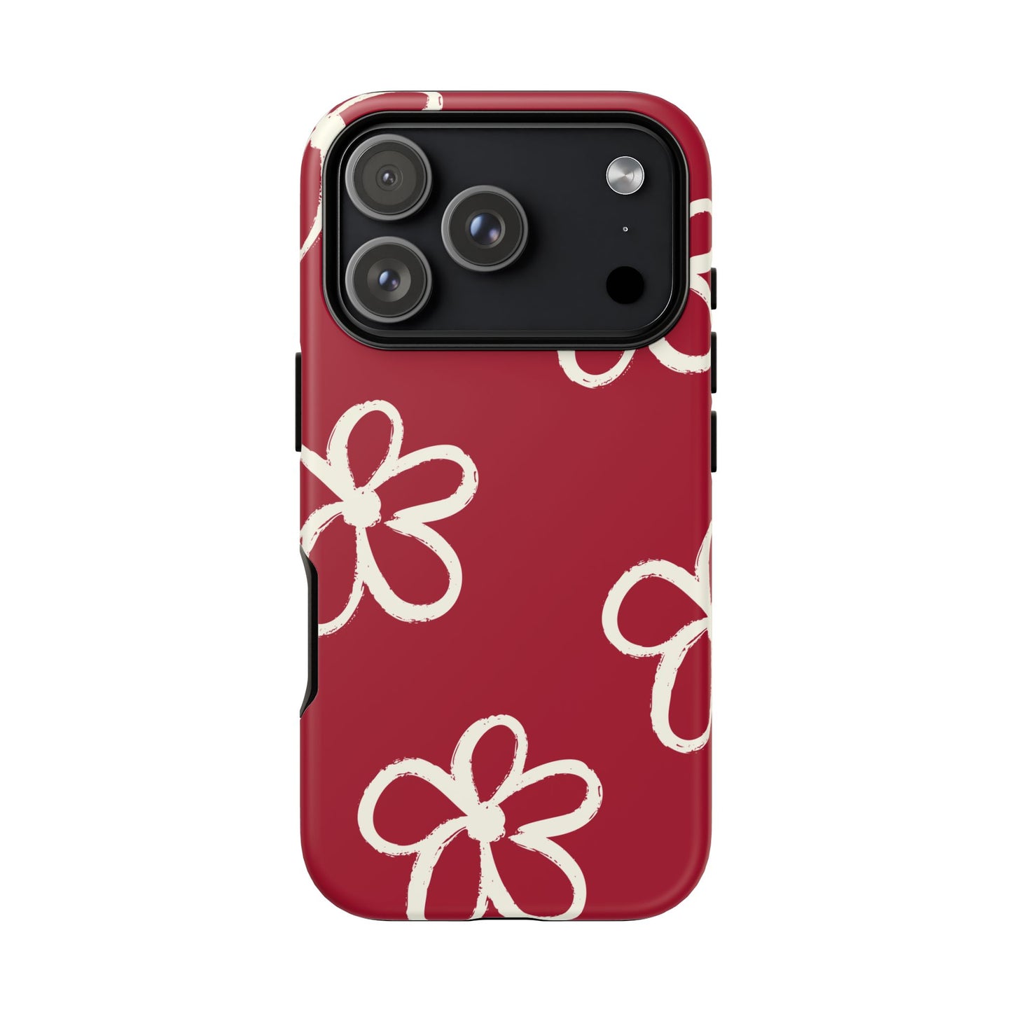 Red Floral Tough Phone Case — Hand-Drawn White Flowers on Burgundy