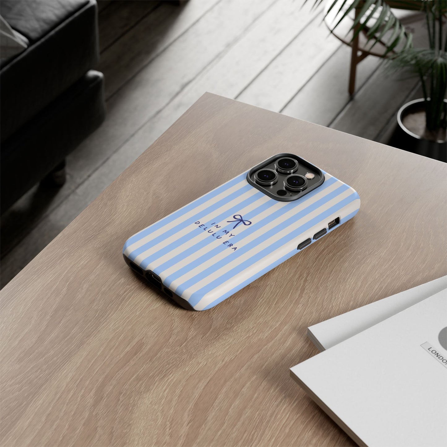 Striped Blue Phone Case — "In My Delulu Era" Cute Bow Design