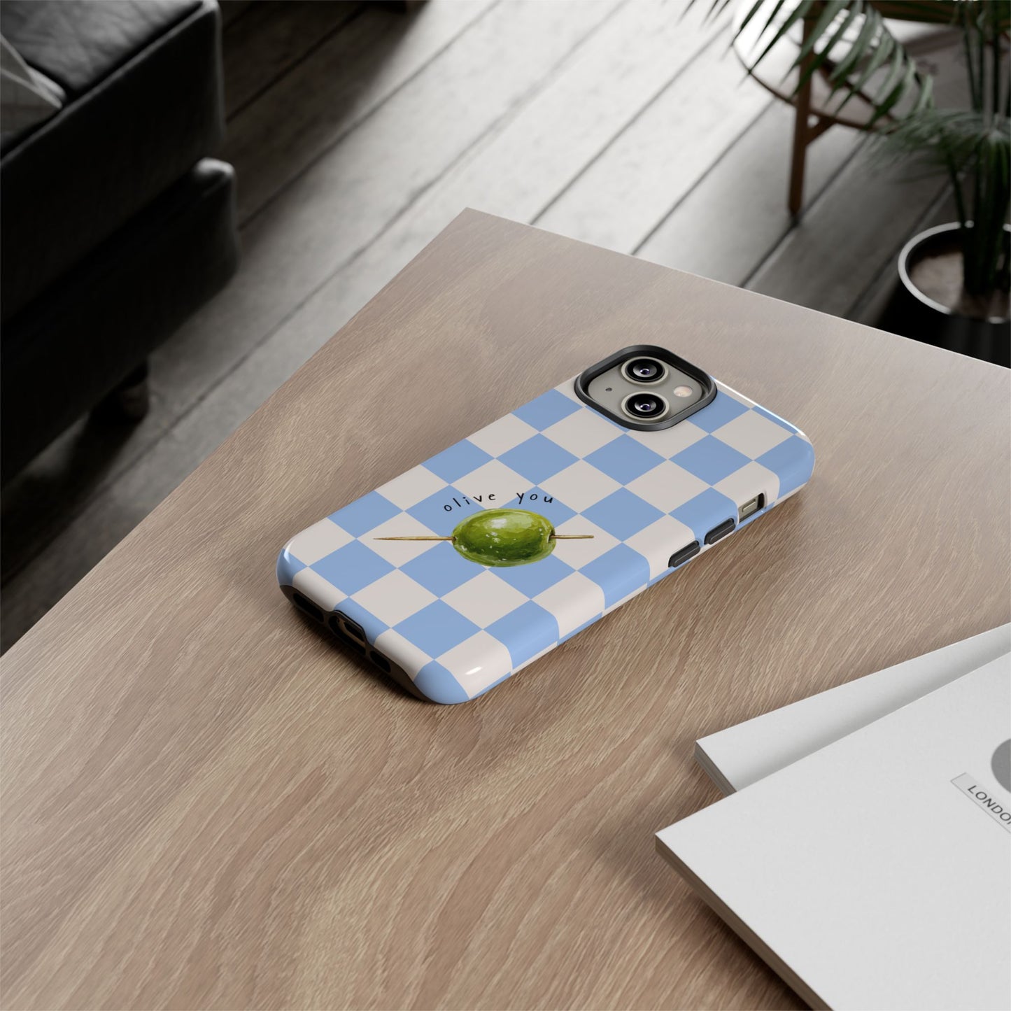 Blue Checkered Phone Case — 'Olive You' Patterned Protective Cover