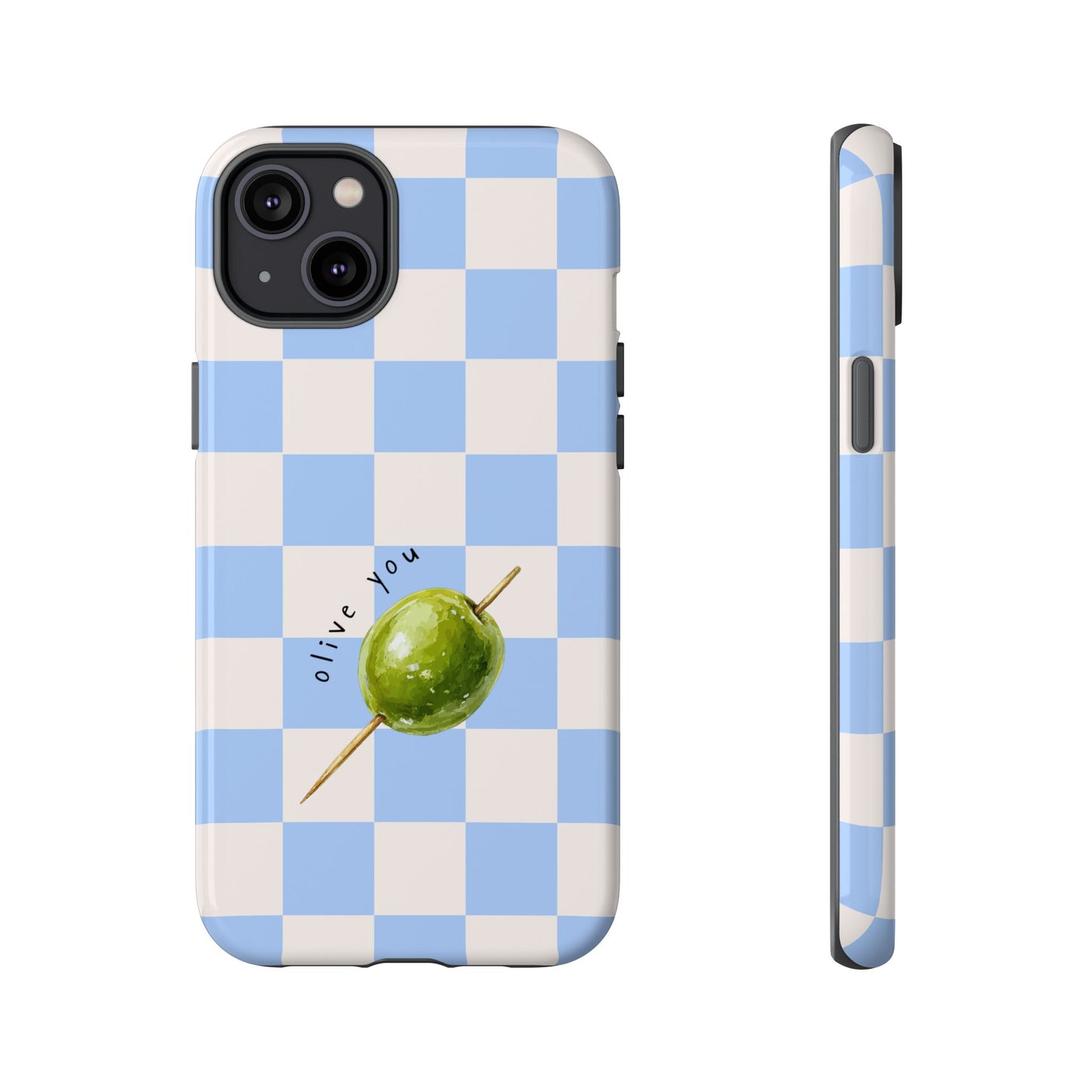 Blue Checkered Phone Case — 'Olive You' Patterned Protective Cover