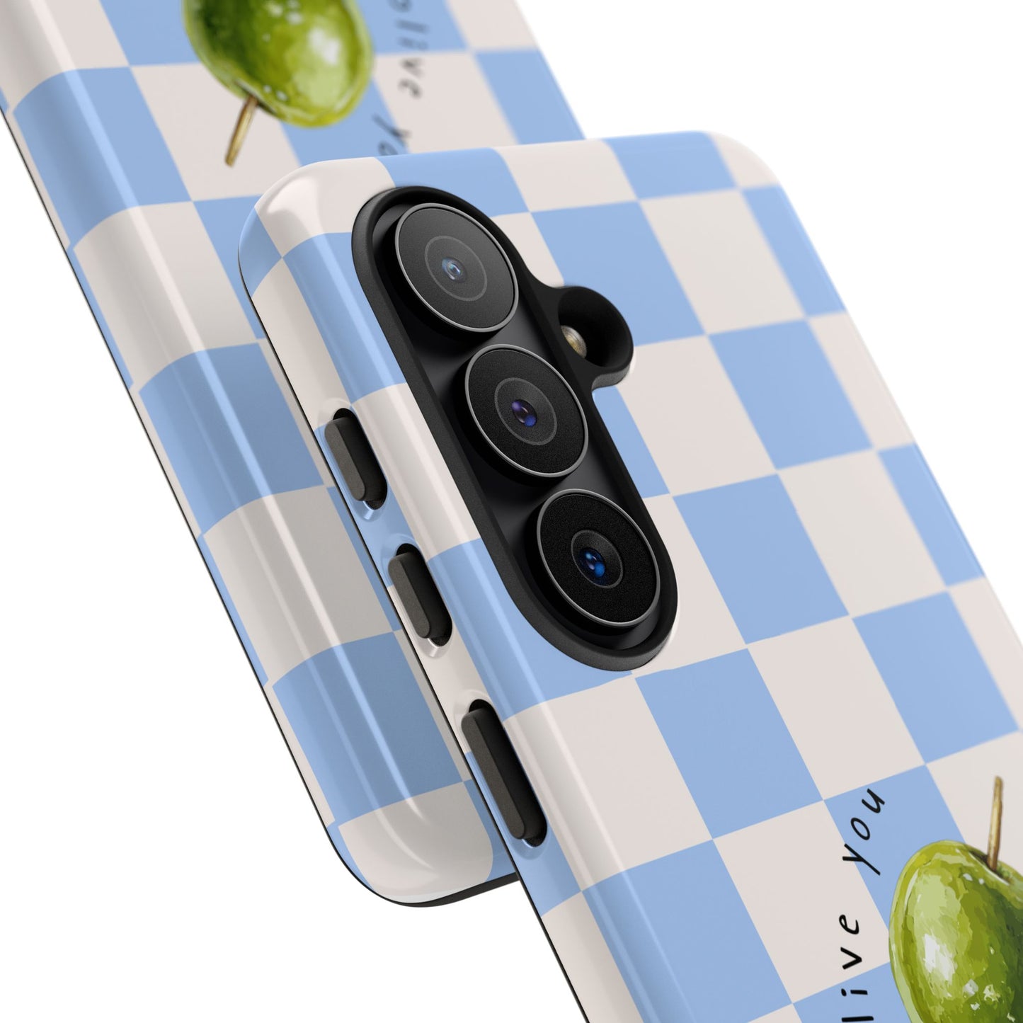 Blue Checkered Phone Case — 'Olive You' Patterned Protective Cover