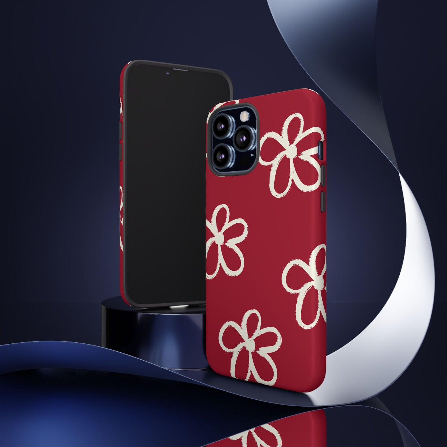 Red Floral Tough Phone Case — Hand-Drawn White Flowers on Burgundy